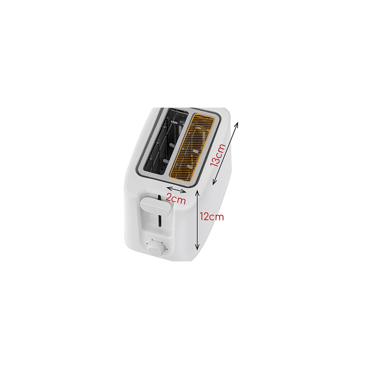 Un tostapane bianco con dimensioni 12cm, 13cm e 2cm. Ha due fessure.