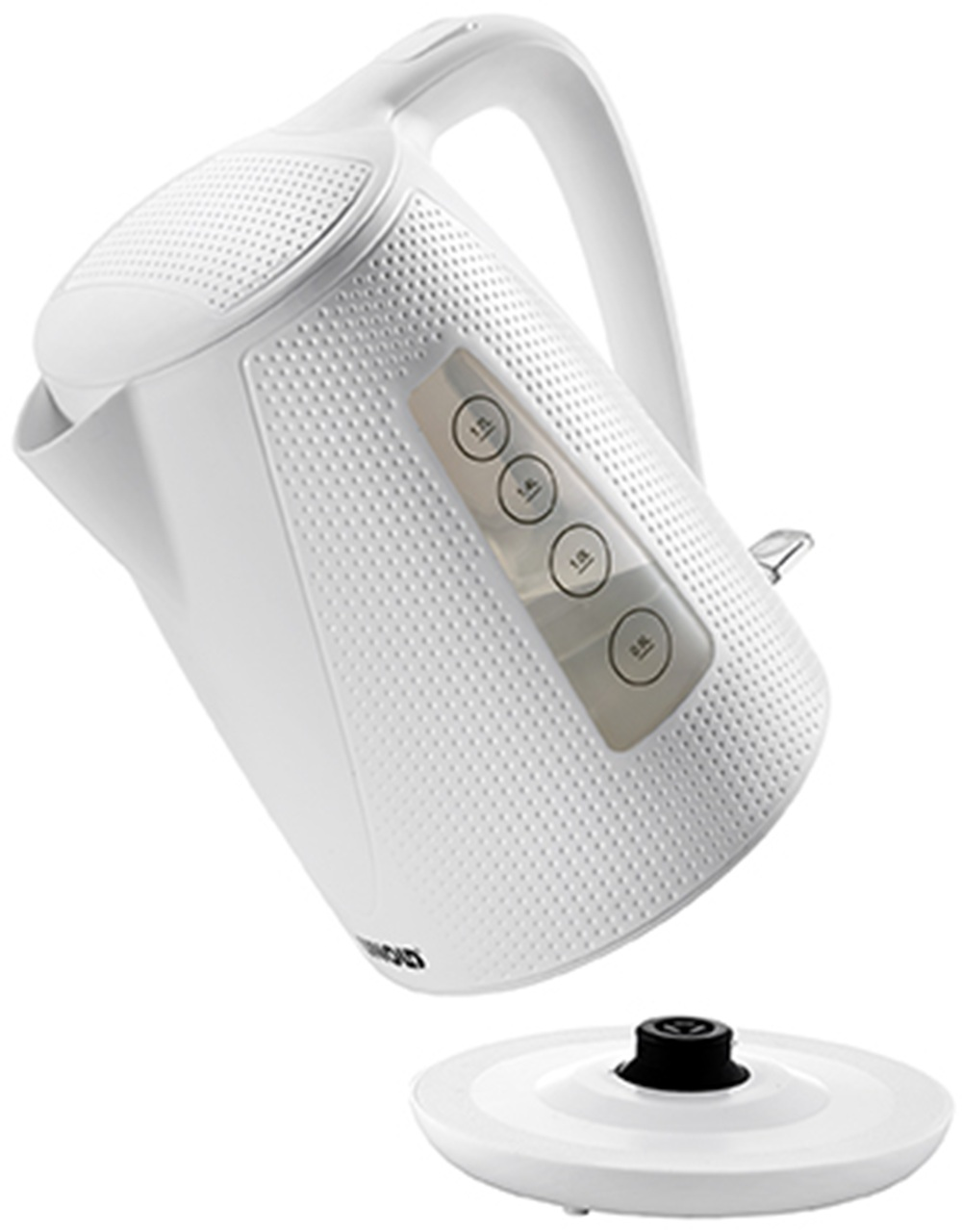 Biały czajnik elektryczny z uchwytem i wskaźnikiem poziomu wody, obok podstawy.