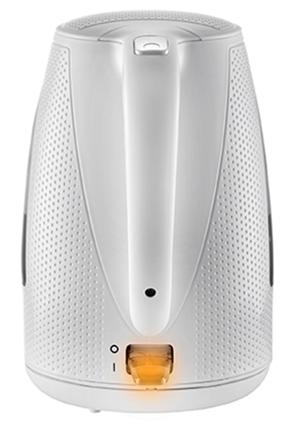 Biały czajnik elektryczny z teksturowanym korpusem i podświetlanym pomarańczowym przełącznikiem.