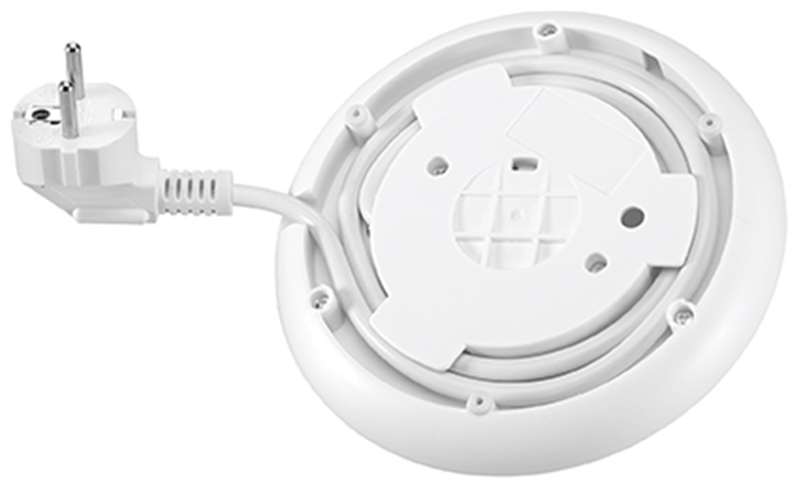 Spód białego czajnika elektrycznego z kablem i wtyczką.