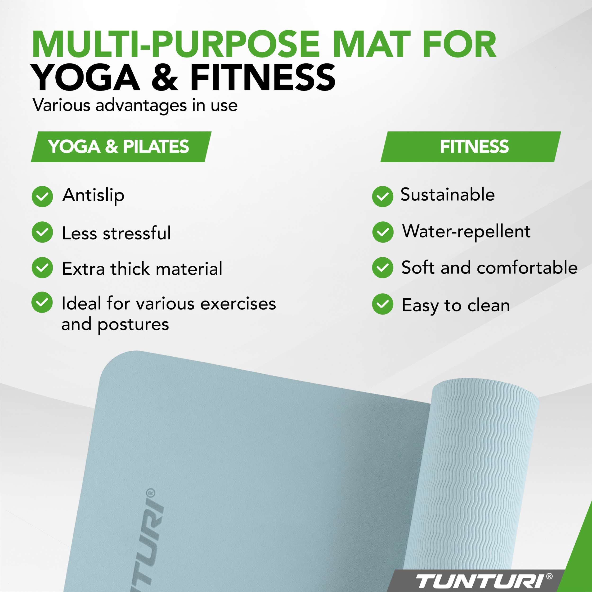 Een lichtblauwe Tunturi yoga- en fitnessmat met kenmerken opgesomd.