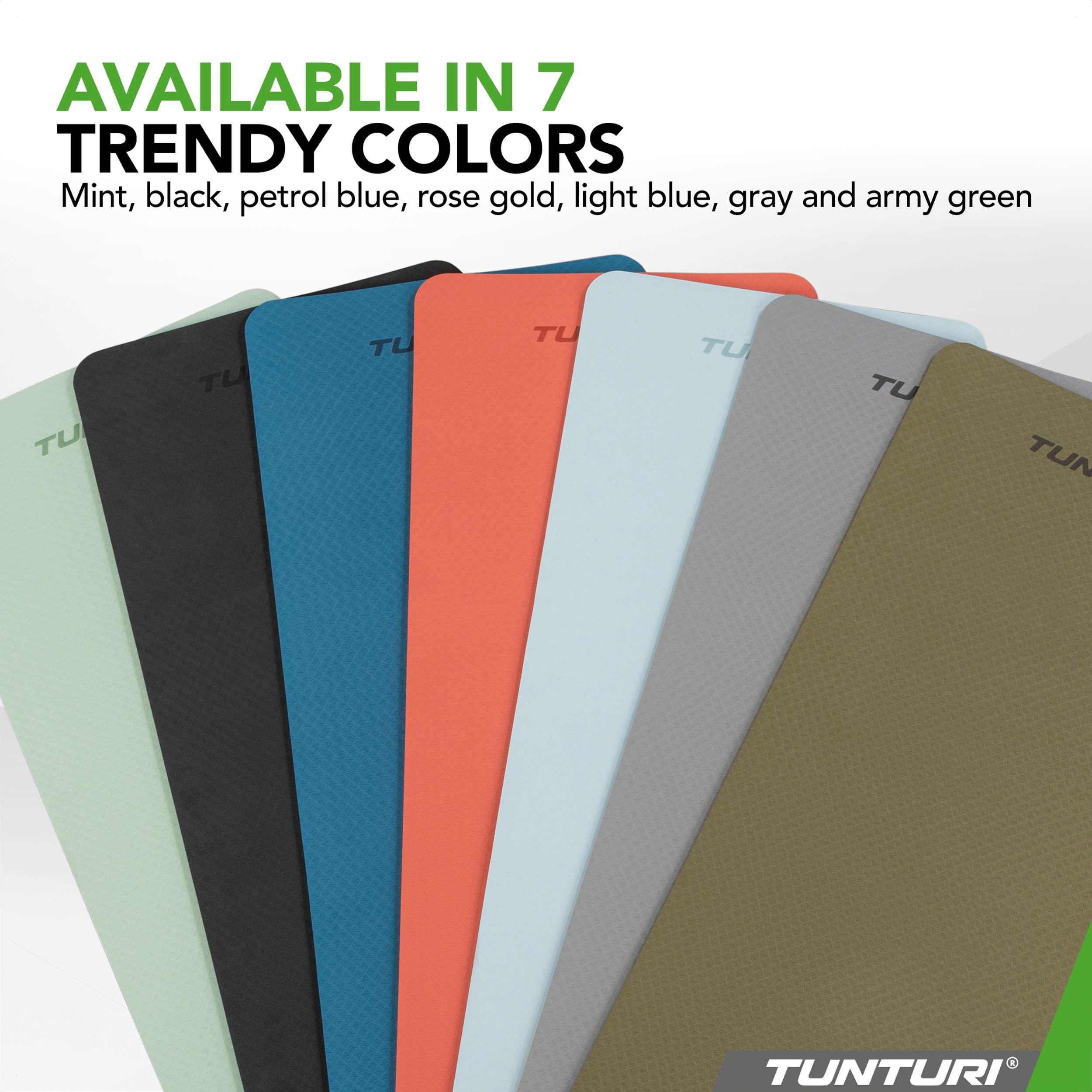 Zeven Tunturi yogamatten in diverse trendy kleuren waaieren uit.