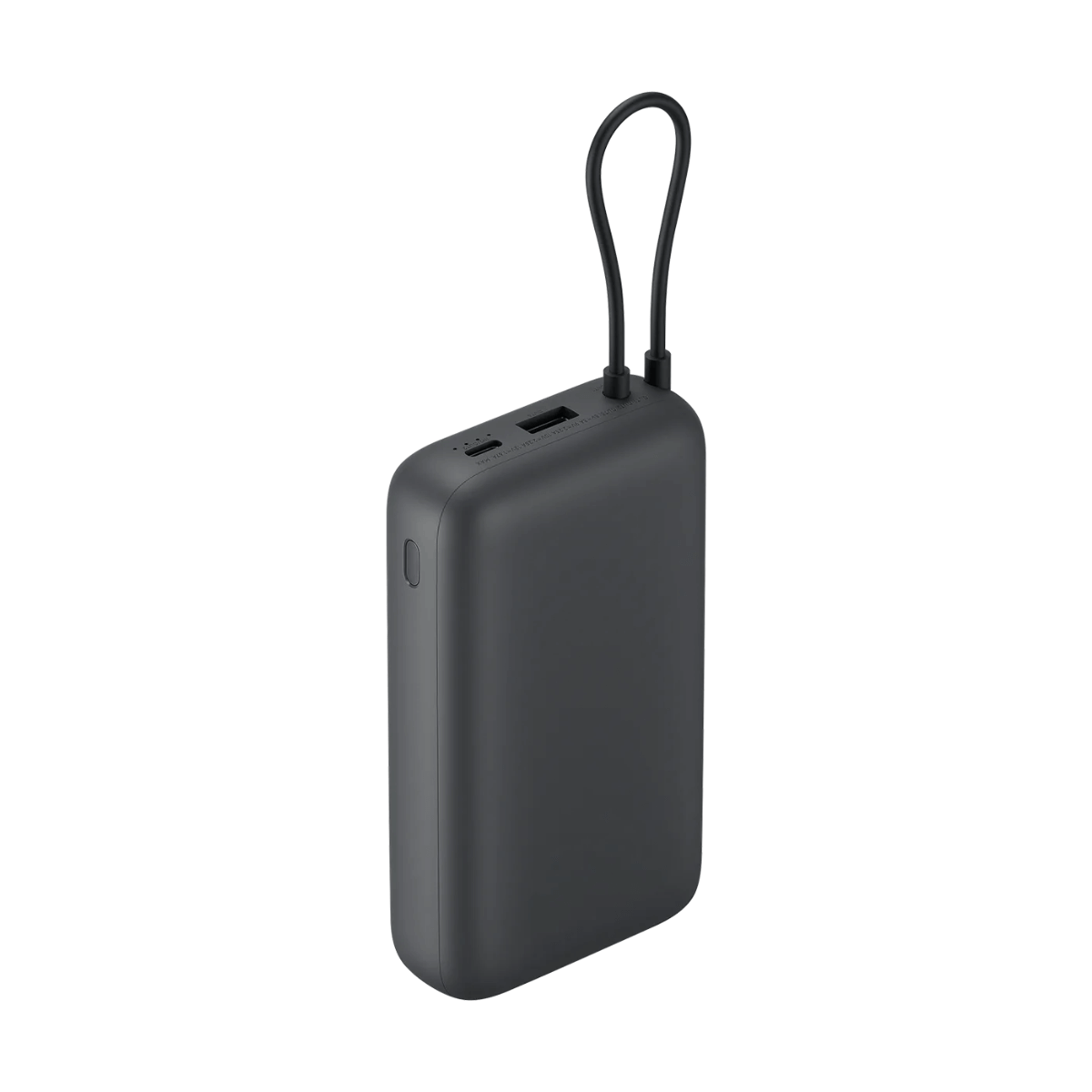 Dunkelgraues Powerbank mit Trageschlaufe und USB-Anschlüssen.