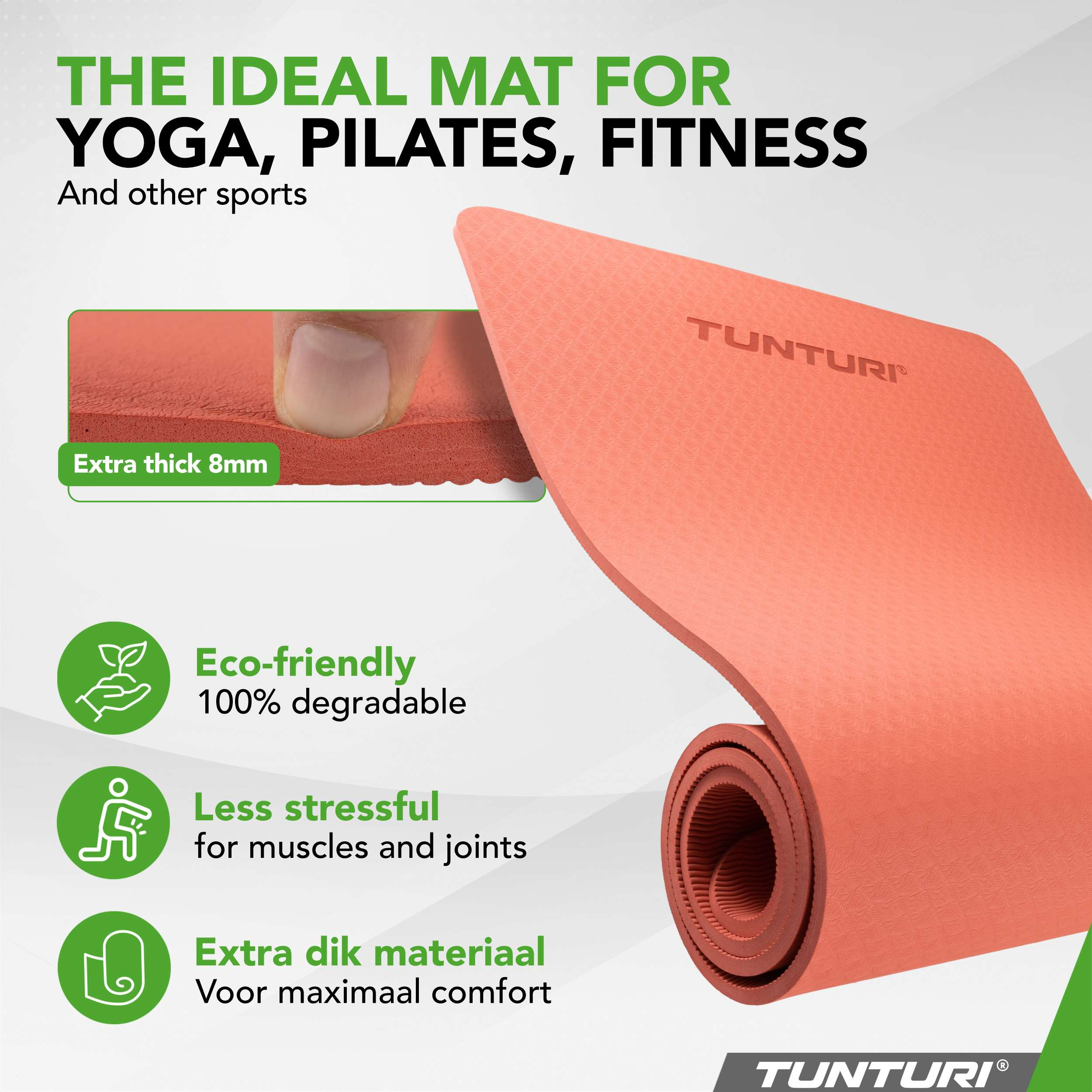 An orange Tunturi yoga mat, 8mm thick, eco-friendly, and less stressful for joints.