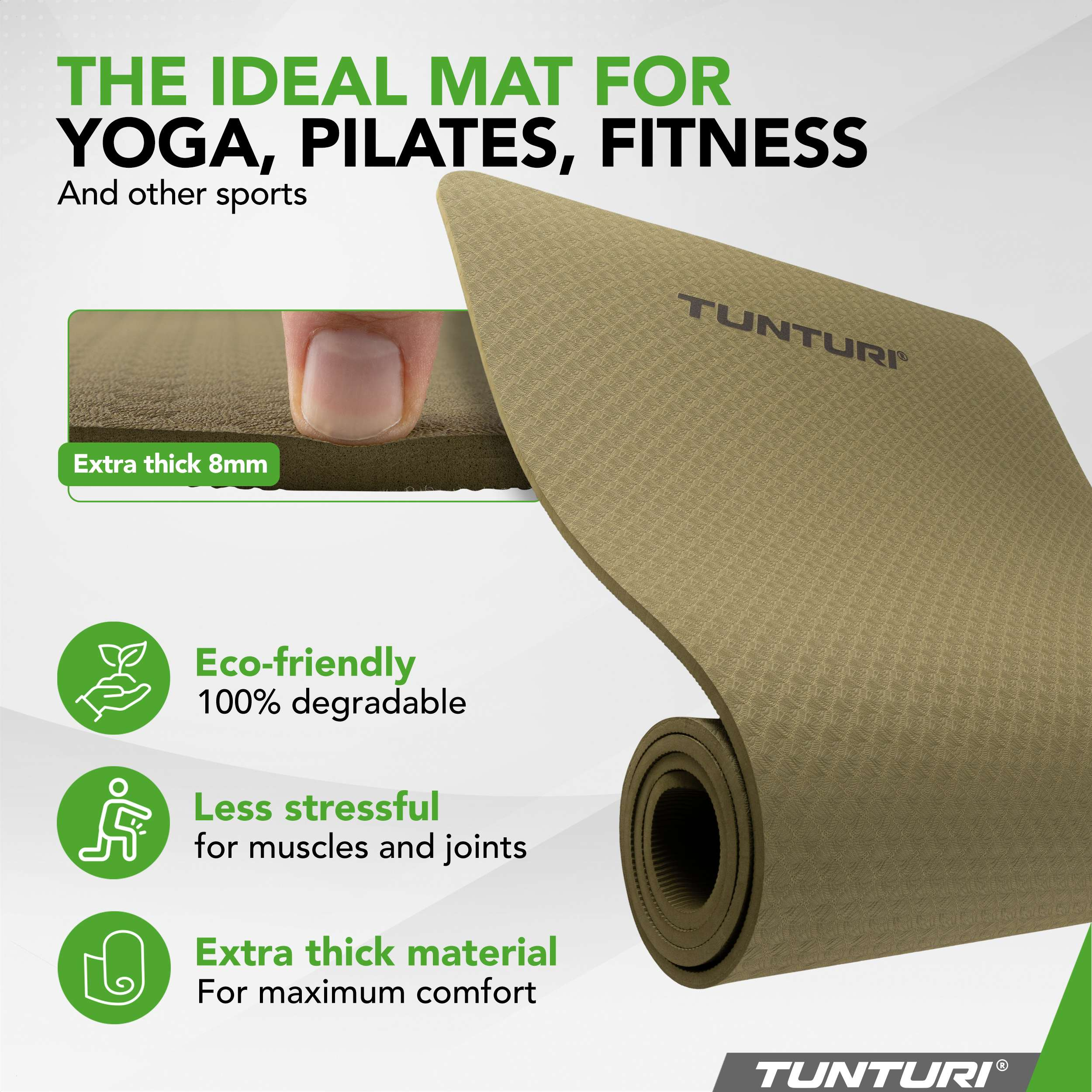 A tan yoga mat is shown, unrolled and partially rolled. Text highlights features.