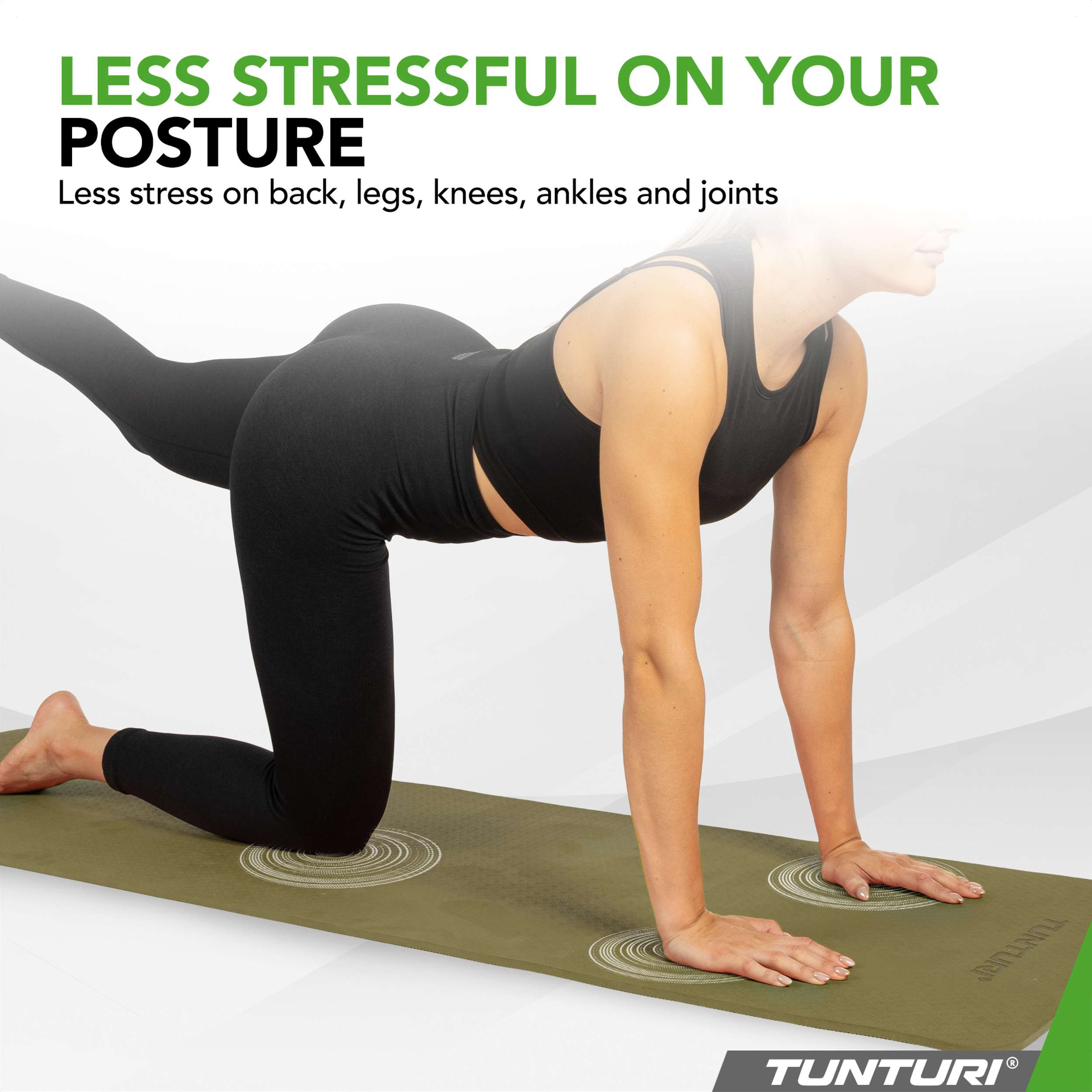 Woman in black activewear on a green mat, in a yoga pose. Text highlights posture.