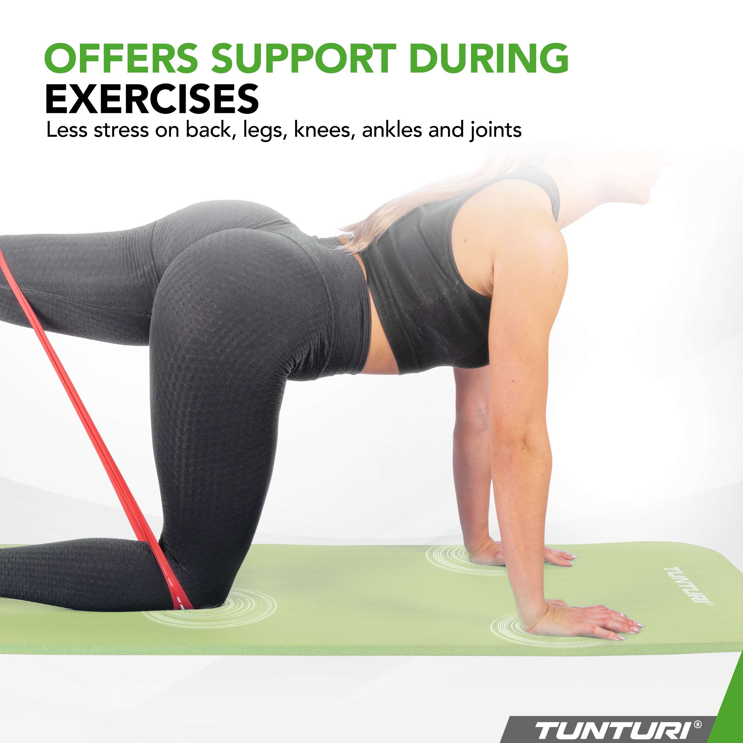 Woman on hands and knees with red resistance band around her legs on a green mat.