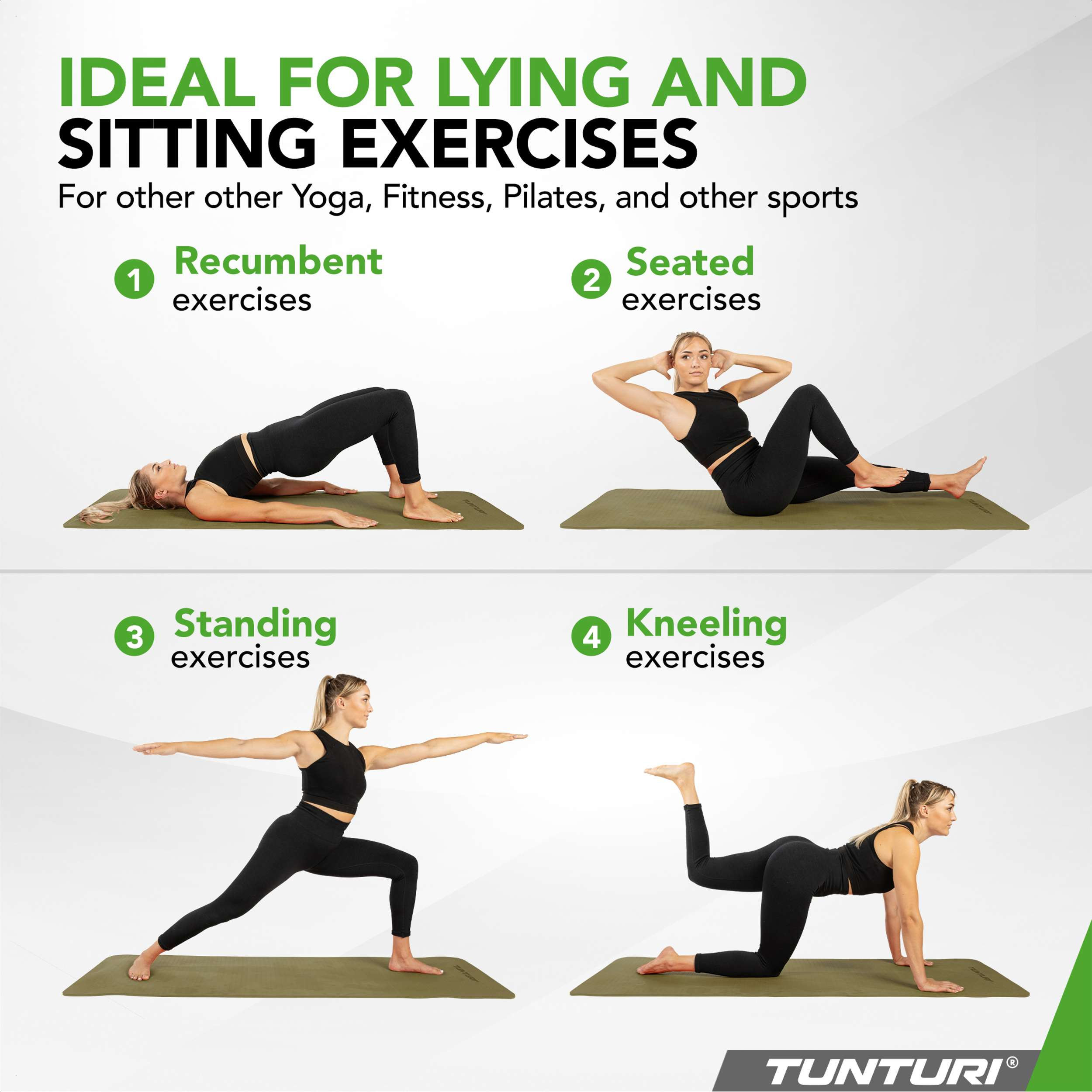 Four women doing different exercises: lying bridge, seated crunch, standing warrior pose, kneeling leg lift.