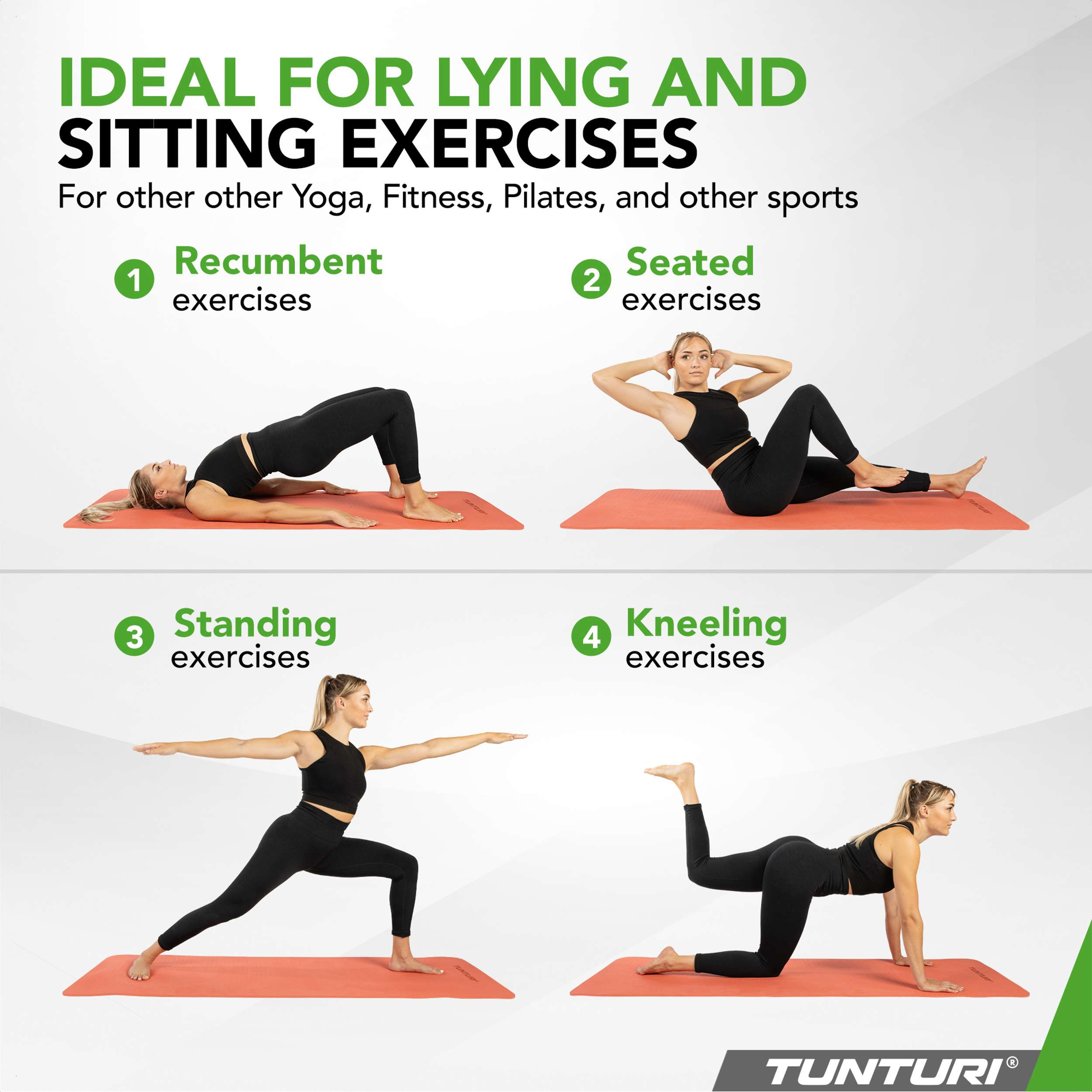 Four women in black activewear demonstrate exercises on orange mats: lying bridge, seated crunch, warrior pose, and quadruped.