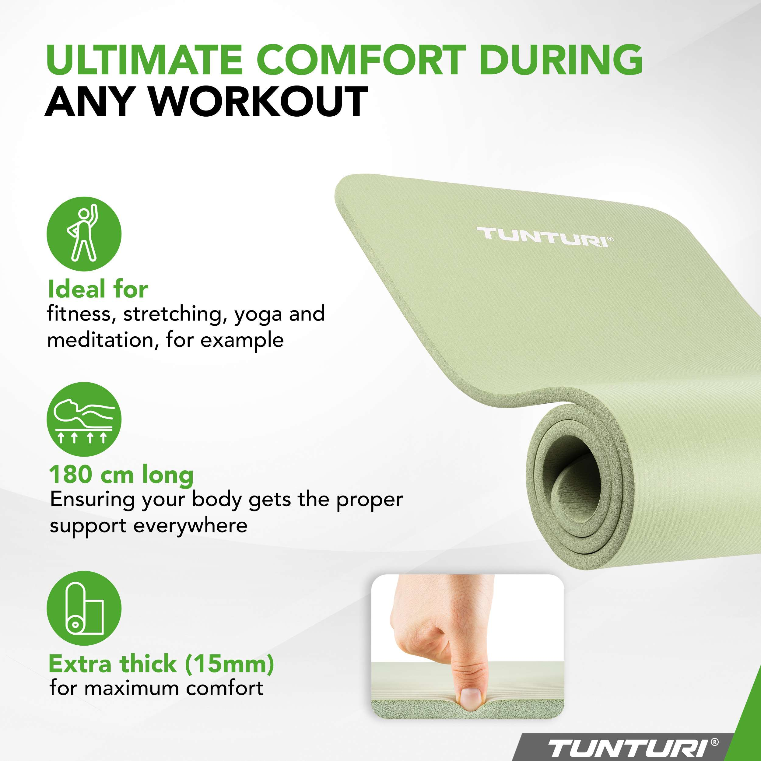 Light green Tunturi yoga mat, 180cm long and 15mm thick, for ultimate comfort.