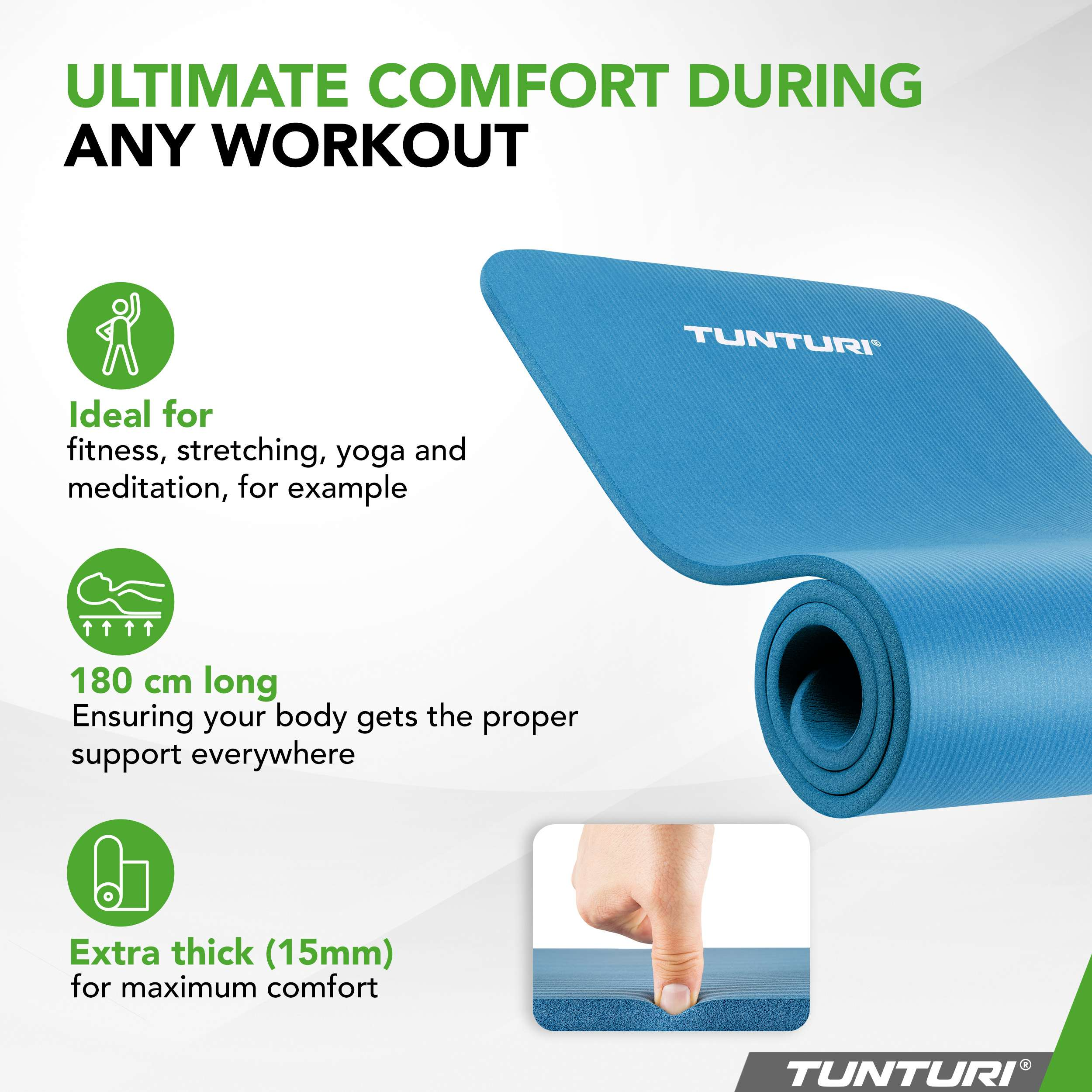 Blue Tunturi yoga mat, 180cm long, 15mm thick. Ideal for fitness.