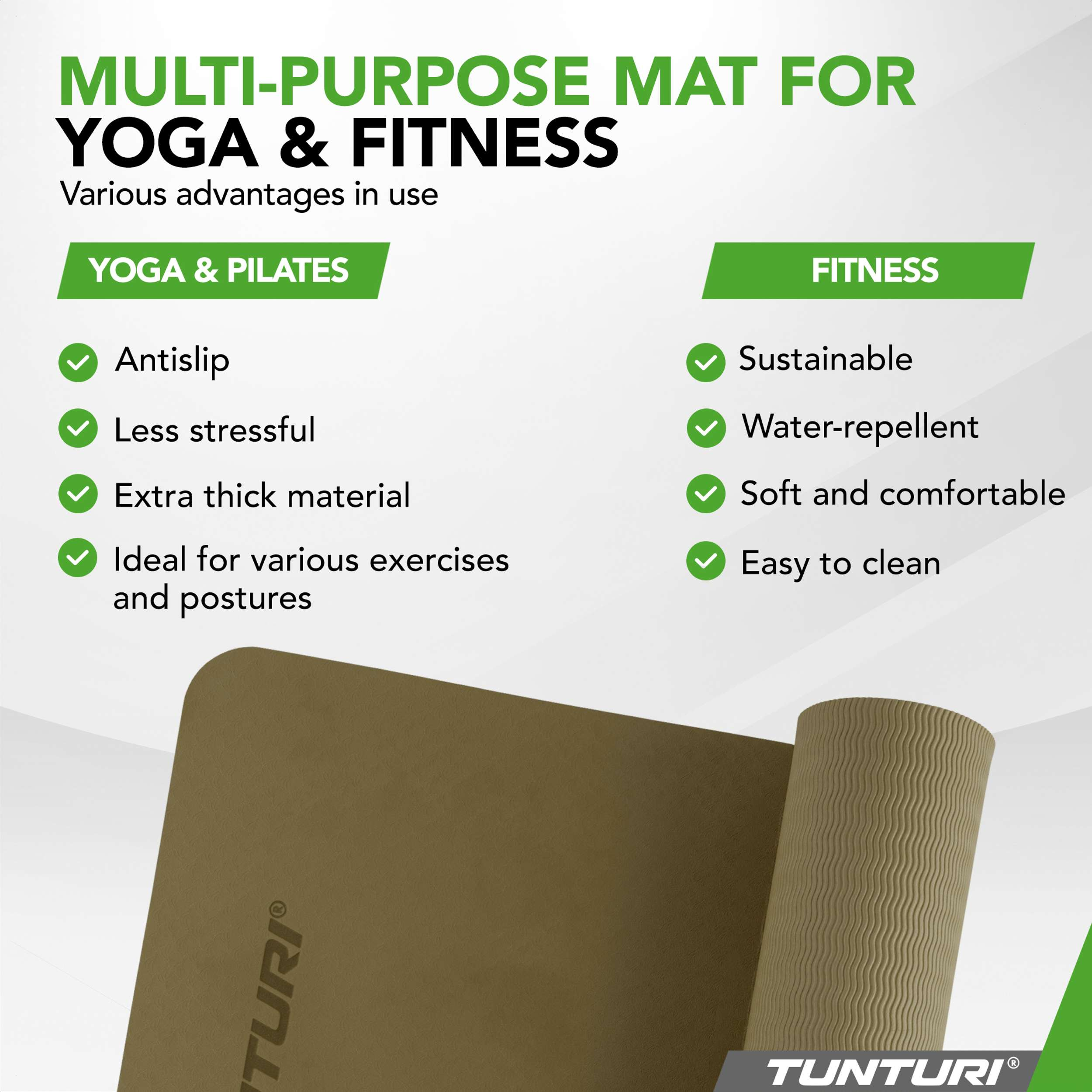 Brown yoga mat with text listing advantages for yoga, pilates, and fitness.