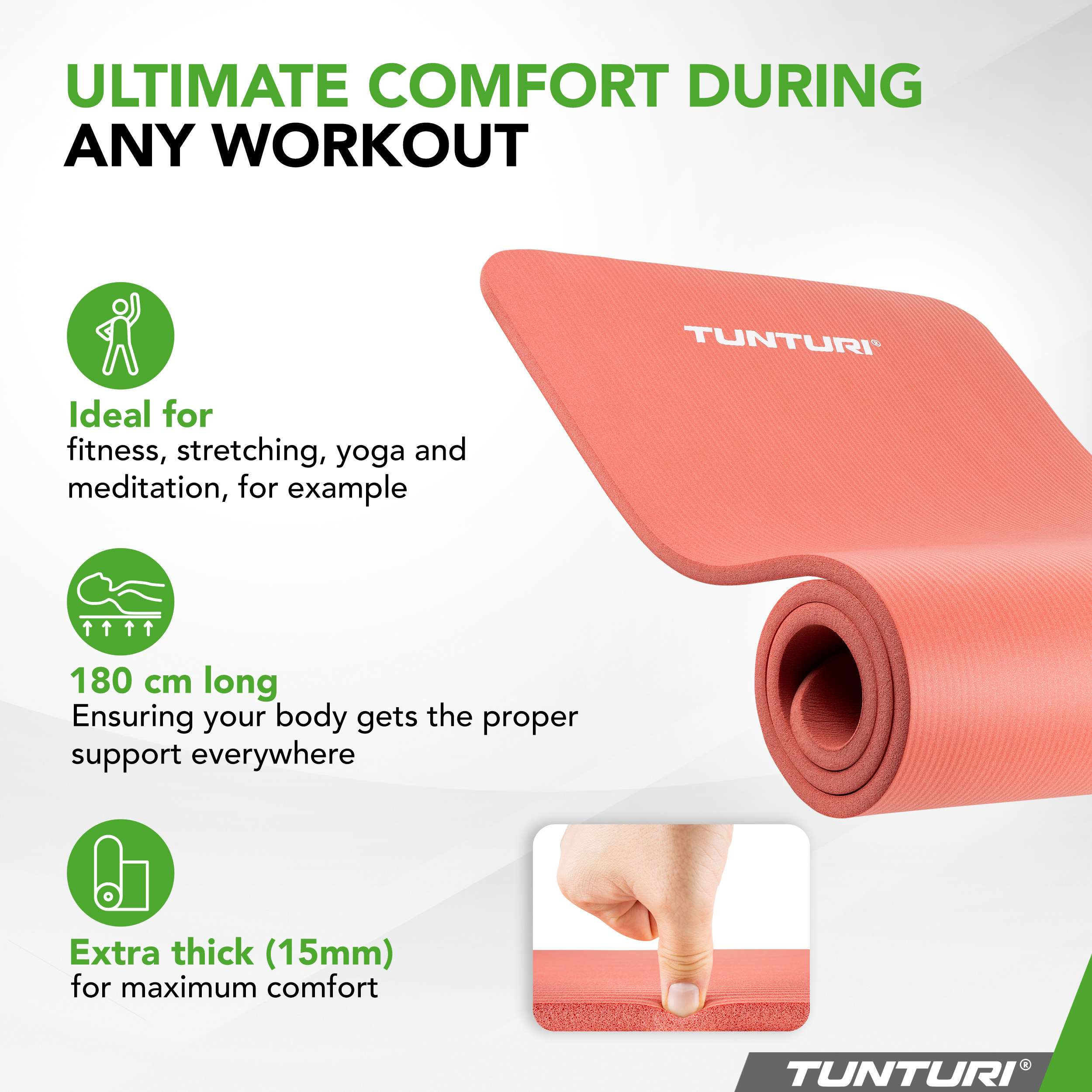 A pink yoga mat with Tunturi logo, 180cm long, 15mm thick, ideal for workouts.