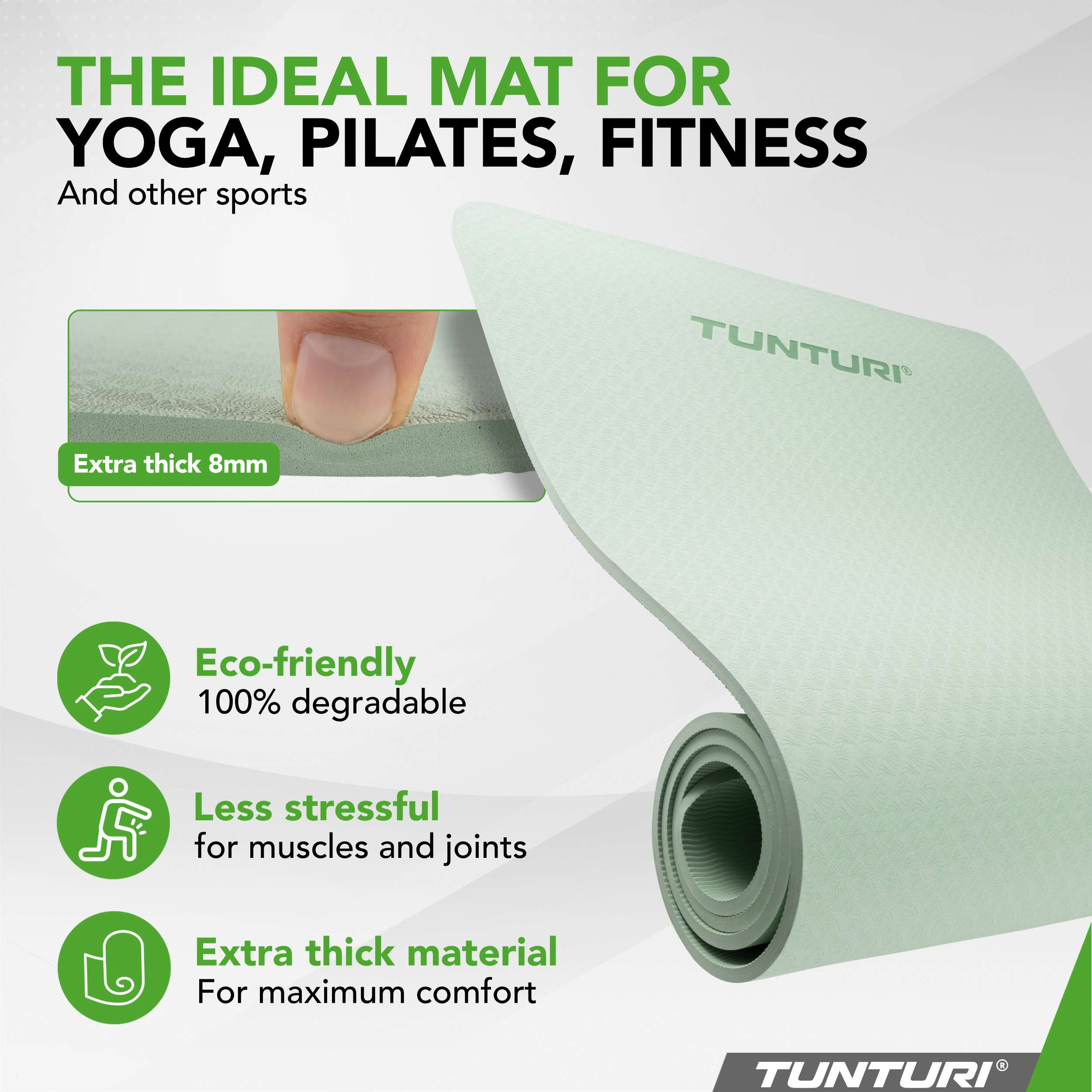 Light green Tunturi yoga mat, 8mm thick, eco-friendly, less stressful for joints.