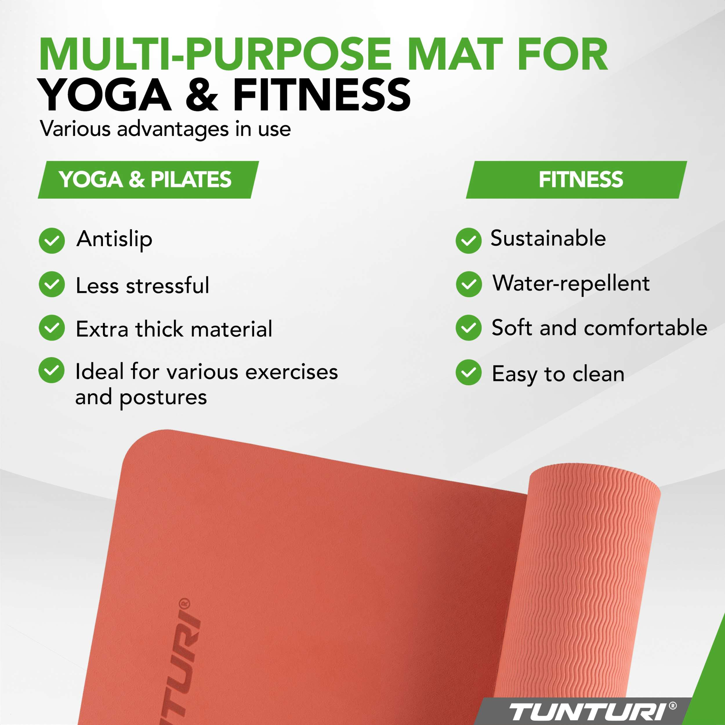 Orange Tunturi yoga mat, rolled and flat, with benefits listed for yoga and fitness.