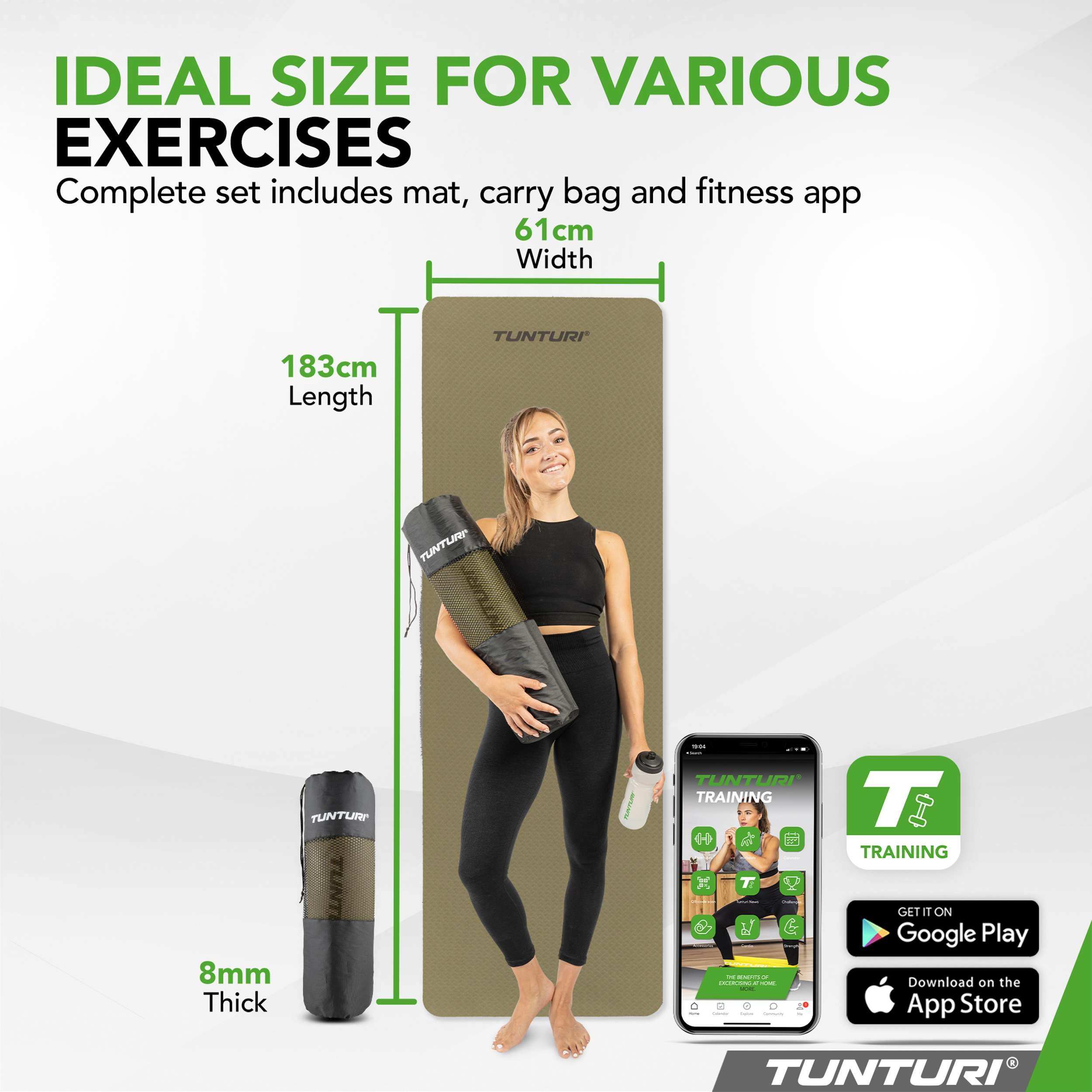A woman holds a rolled yoga mat. Dimensions 183cm L, 61cm W, 8mm thick.