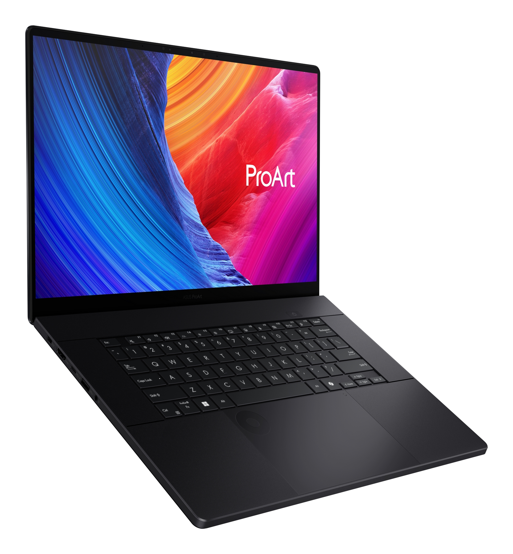 Laptop ASUS ProArt nero su sfondo bianco, aperto, mostra uno sfondo astratto colorato.