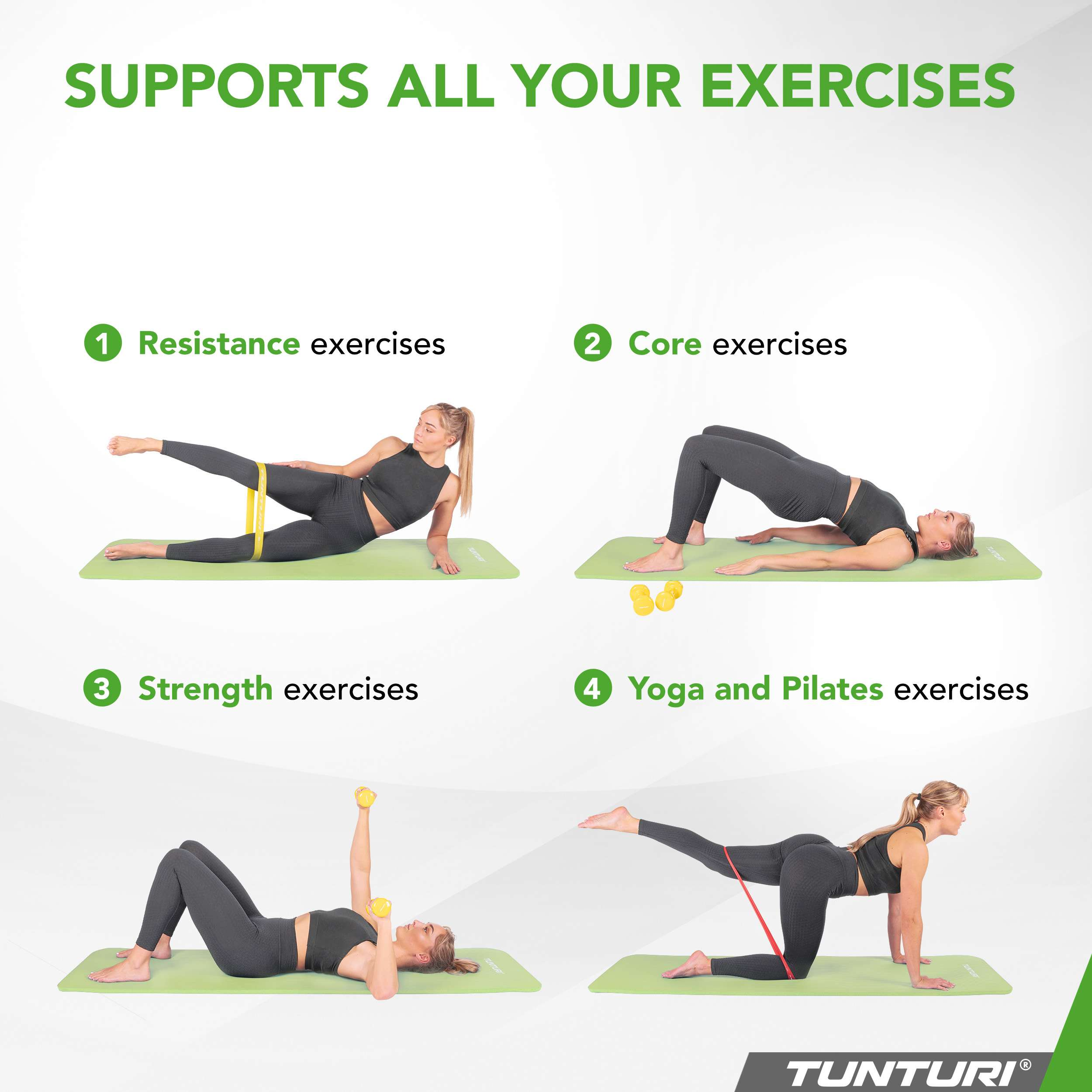 Four women doing exercises on mats: resistance, core, strength, and yoga/Pilates.