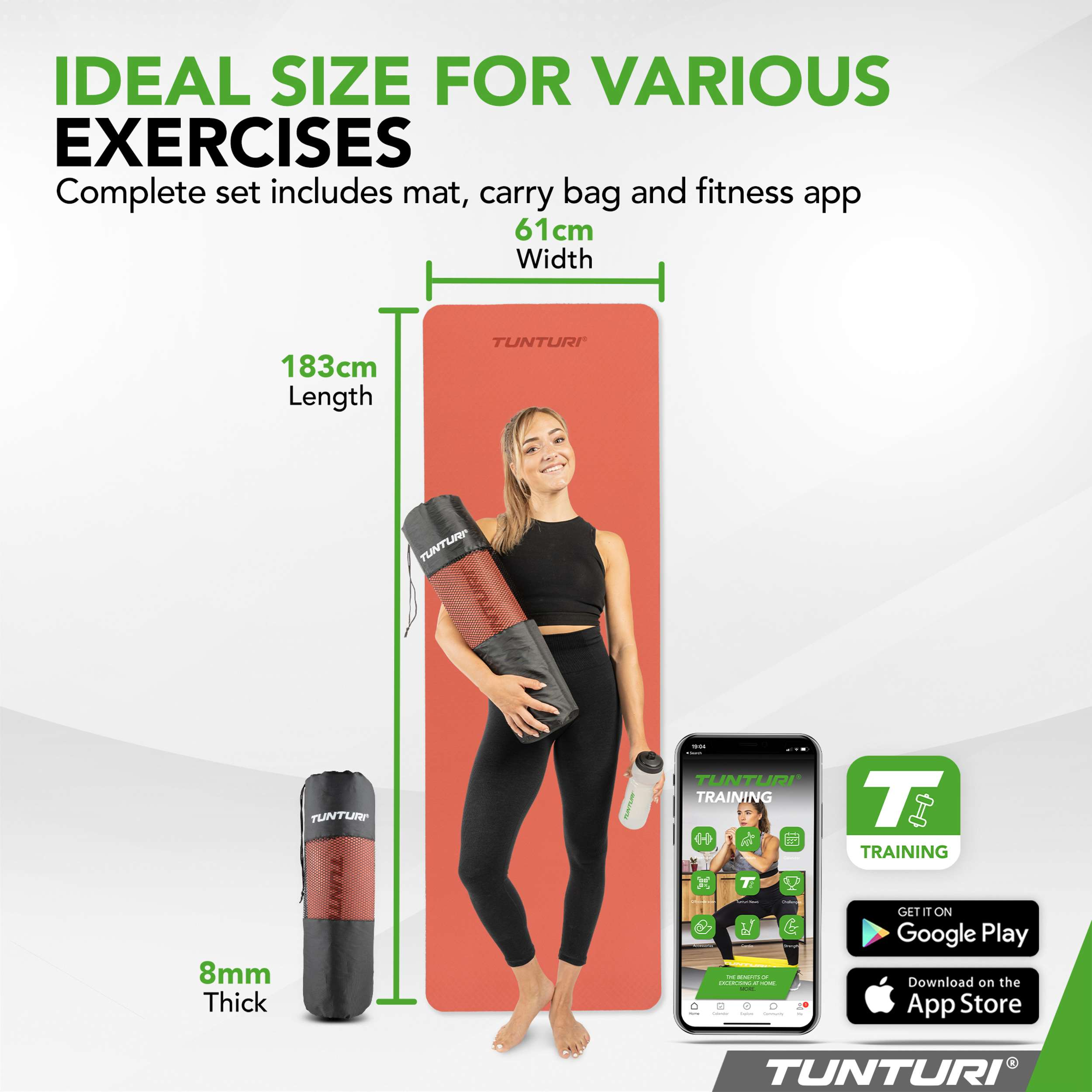 Woman with orange mat (183x61cm), black carry bag, water bottle, and Tunturi app on phone.