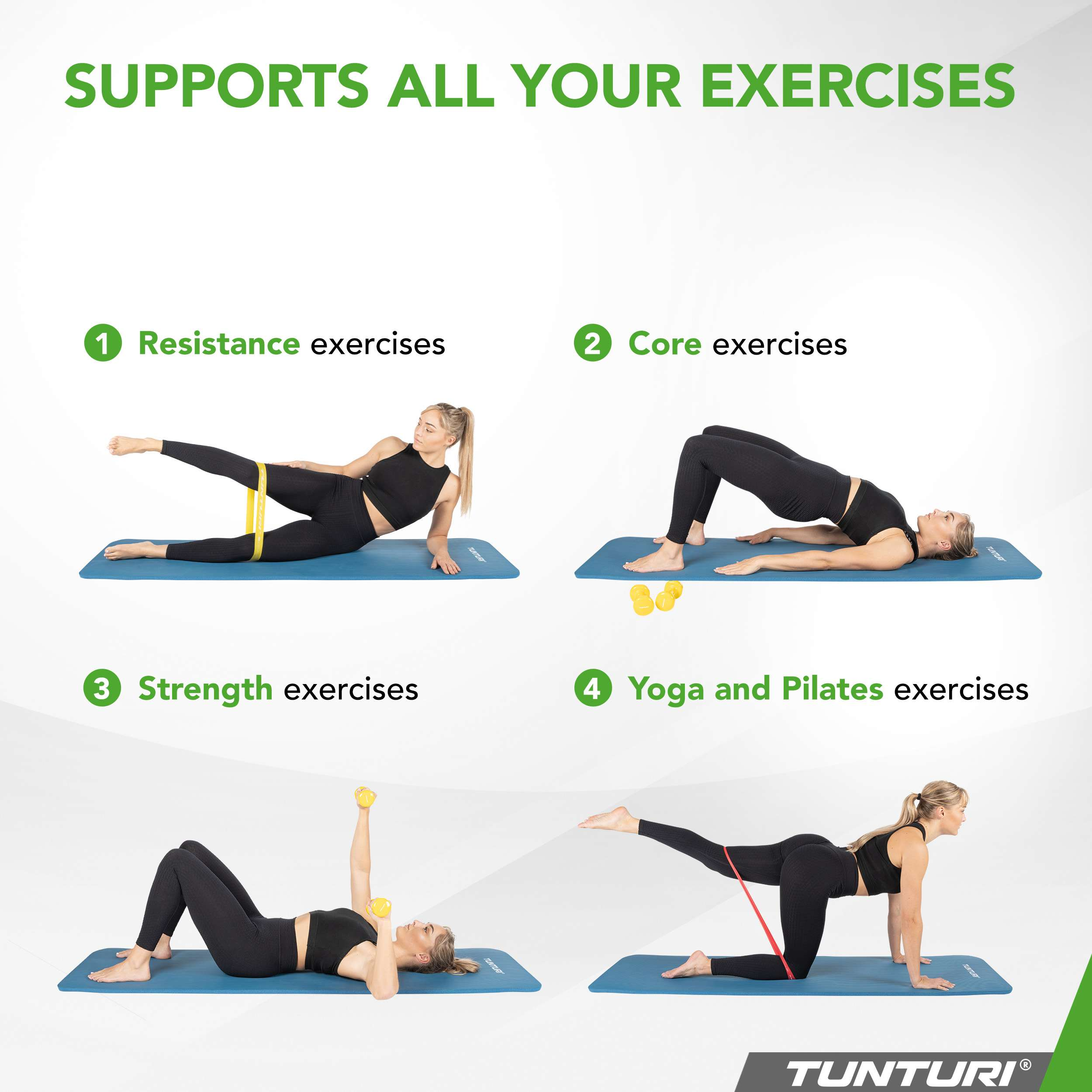 Four exercises: resistance, core, strength, and yoga/Pilates with bands and weights.