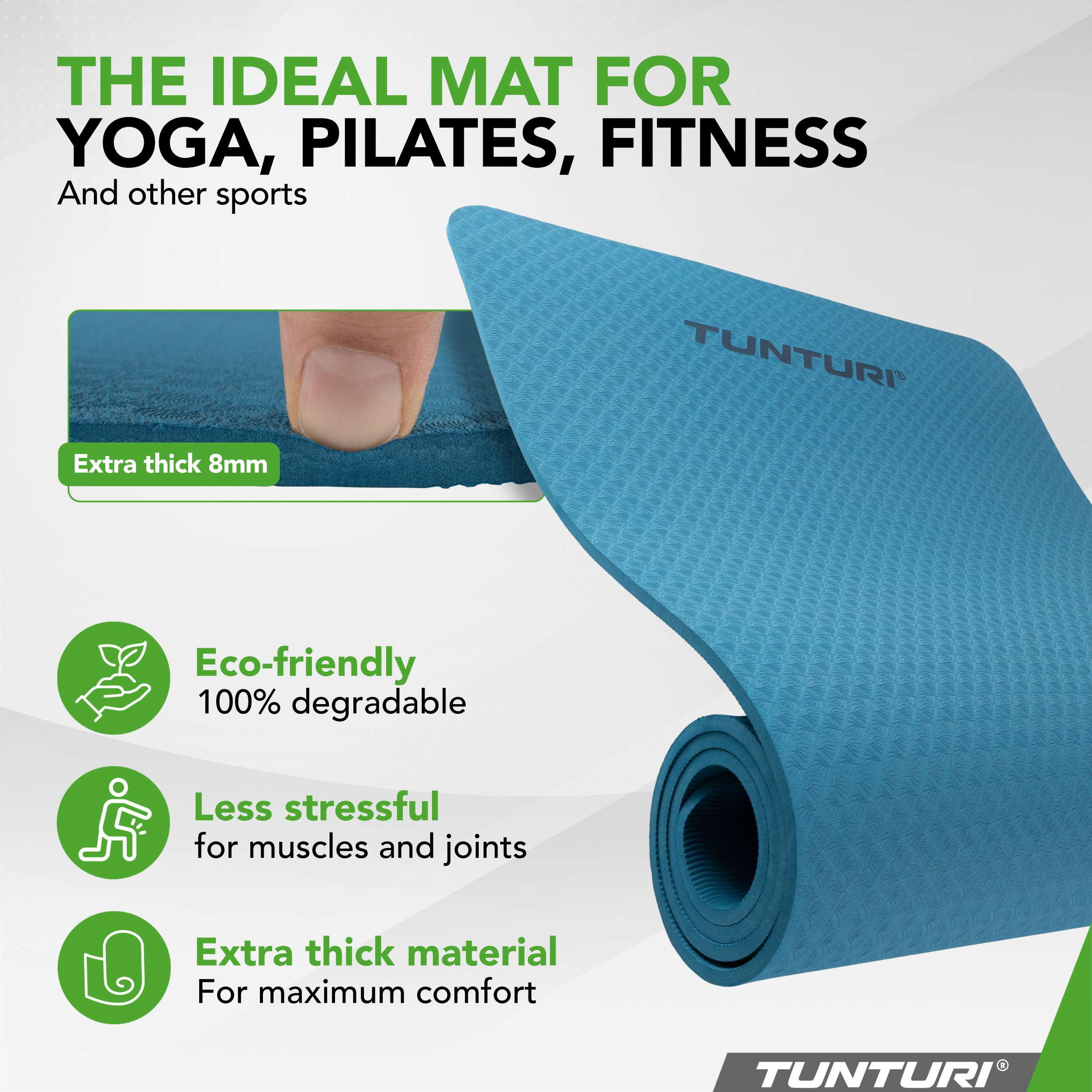 A blue Tunturi yoga mat is shown, extra thick 8mm. Features include eco-friendly, less stressful for joints.