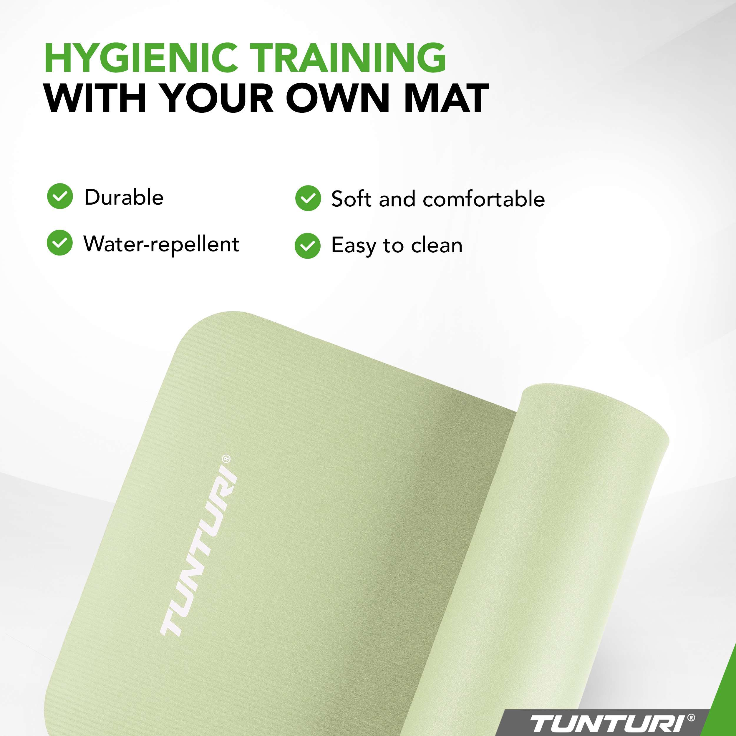 Light green Tunturi mat, durable, water-repellent, soft, comfy, easy clean.