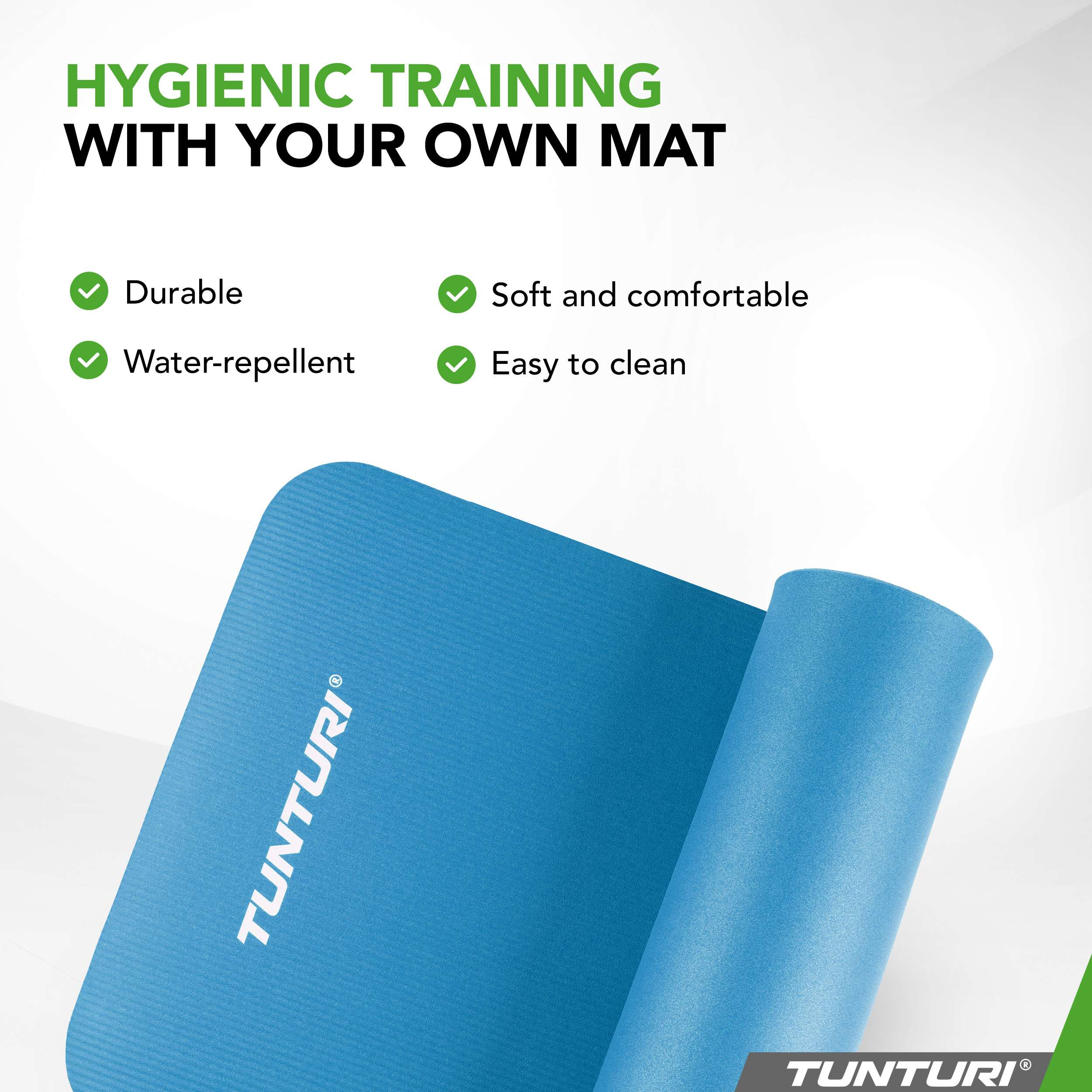 Blue Tunturi yoga mat, durable, water-repellent, soft and easy to clean.