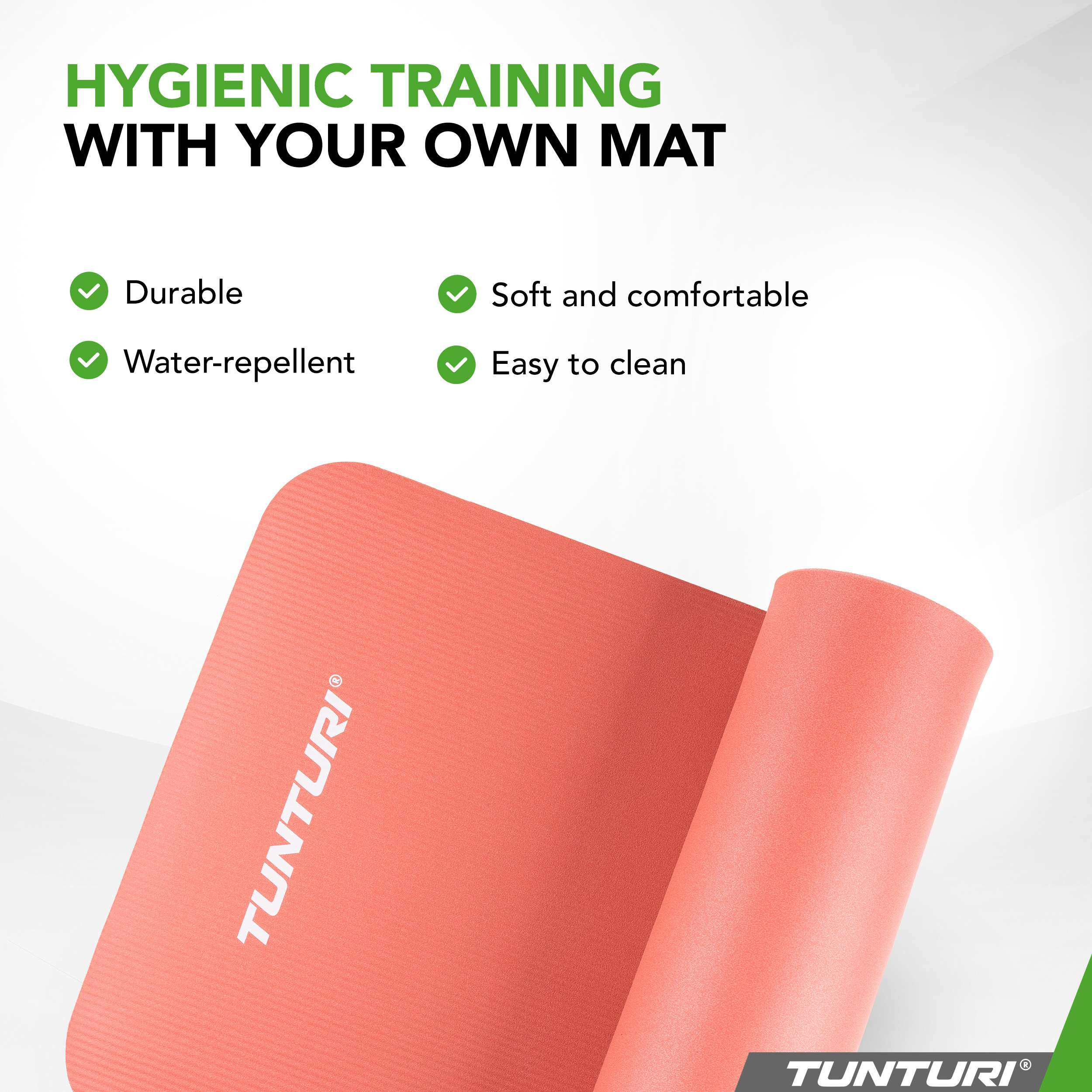A coral yoga mat with Tunturi logo, described as durable, water-repellent, soft, and easy to clean.