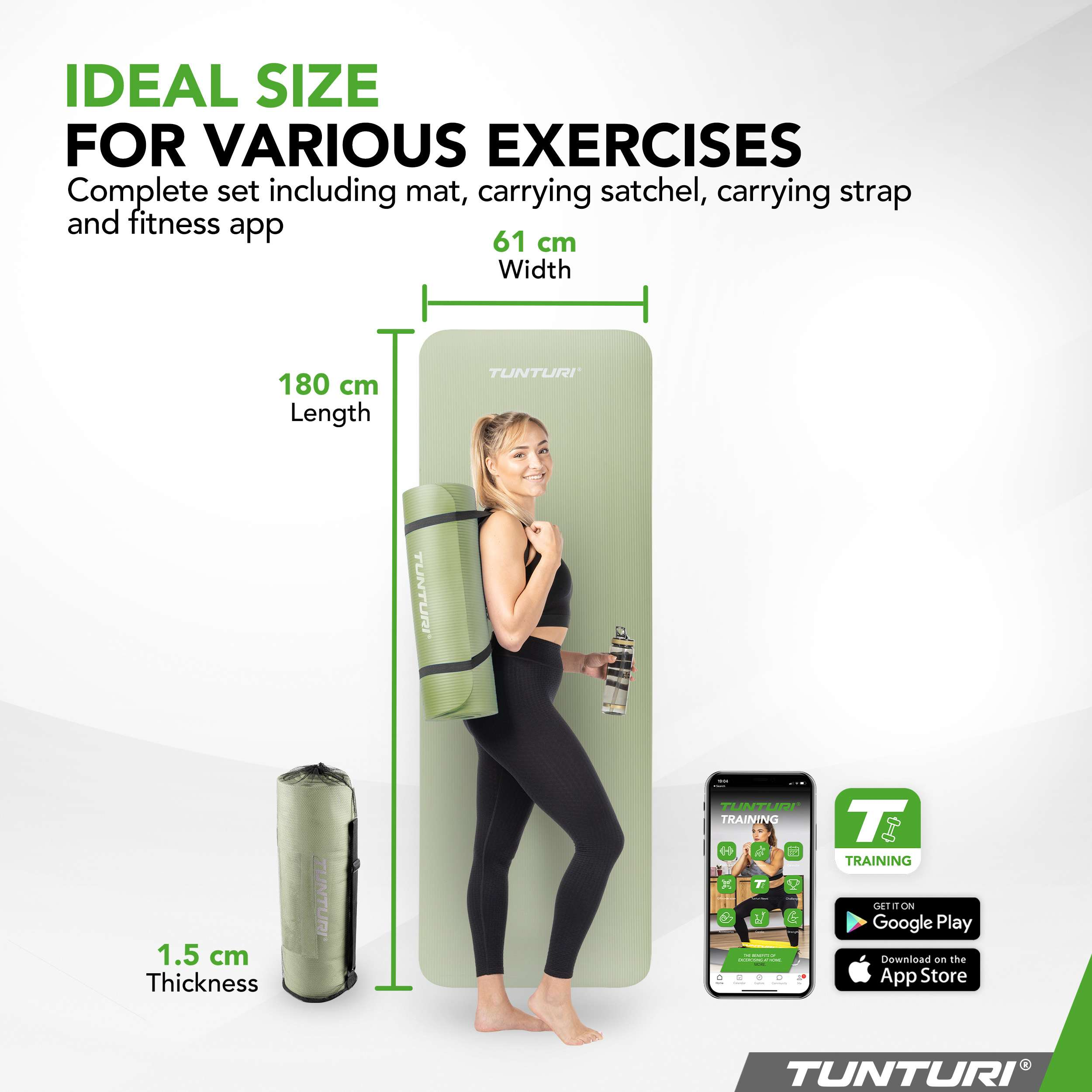 Woman holding a green exercise mat and water bottle. Mat is 180cm long, 61cm wide, 1.5cm thick.