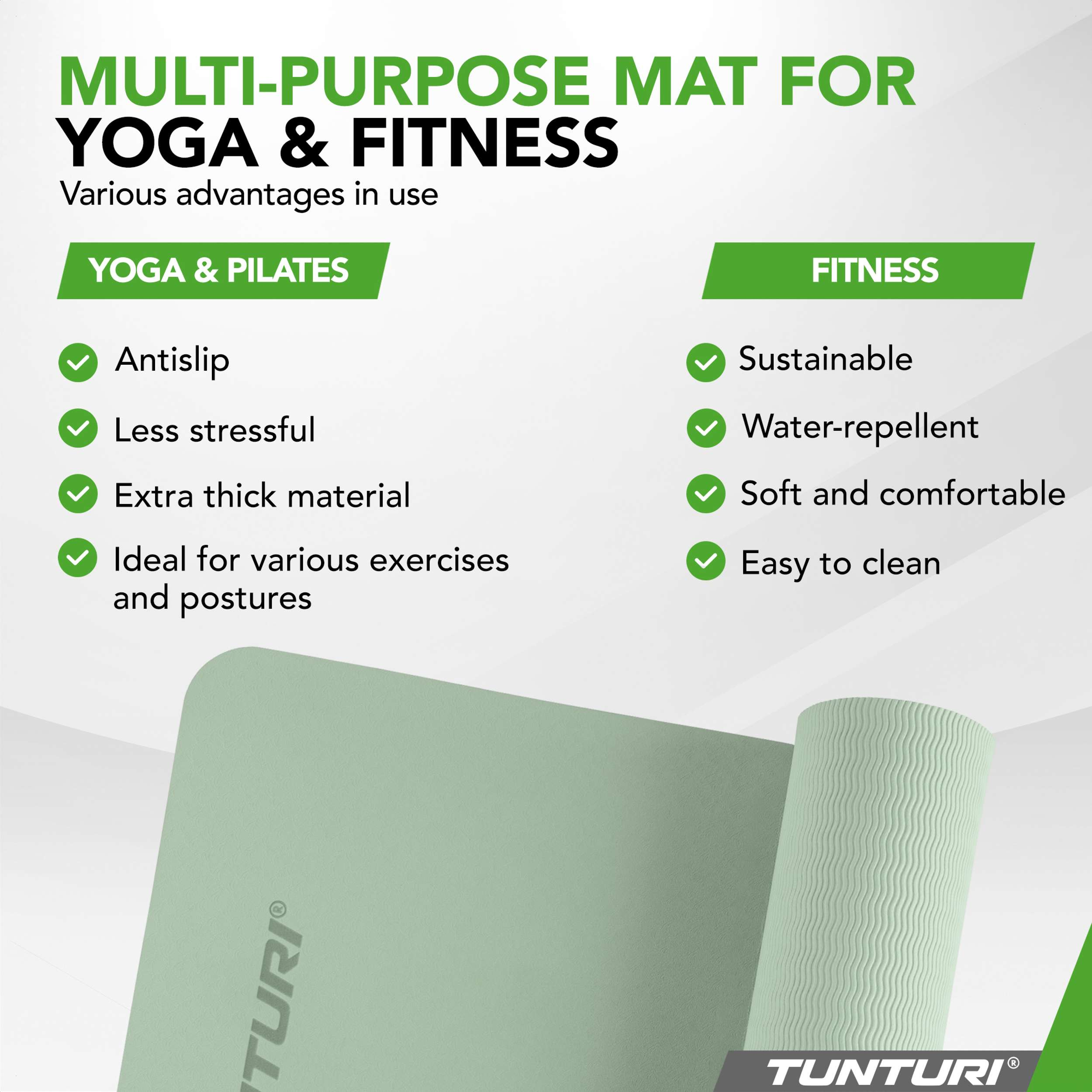 A light green multi-purpose mat for yoga and fitness, with listed benefits.
