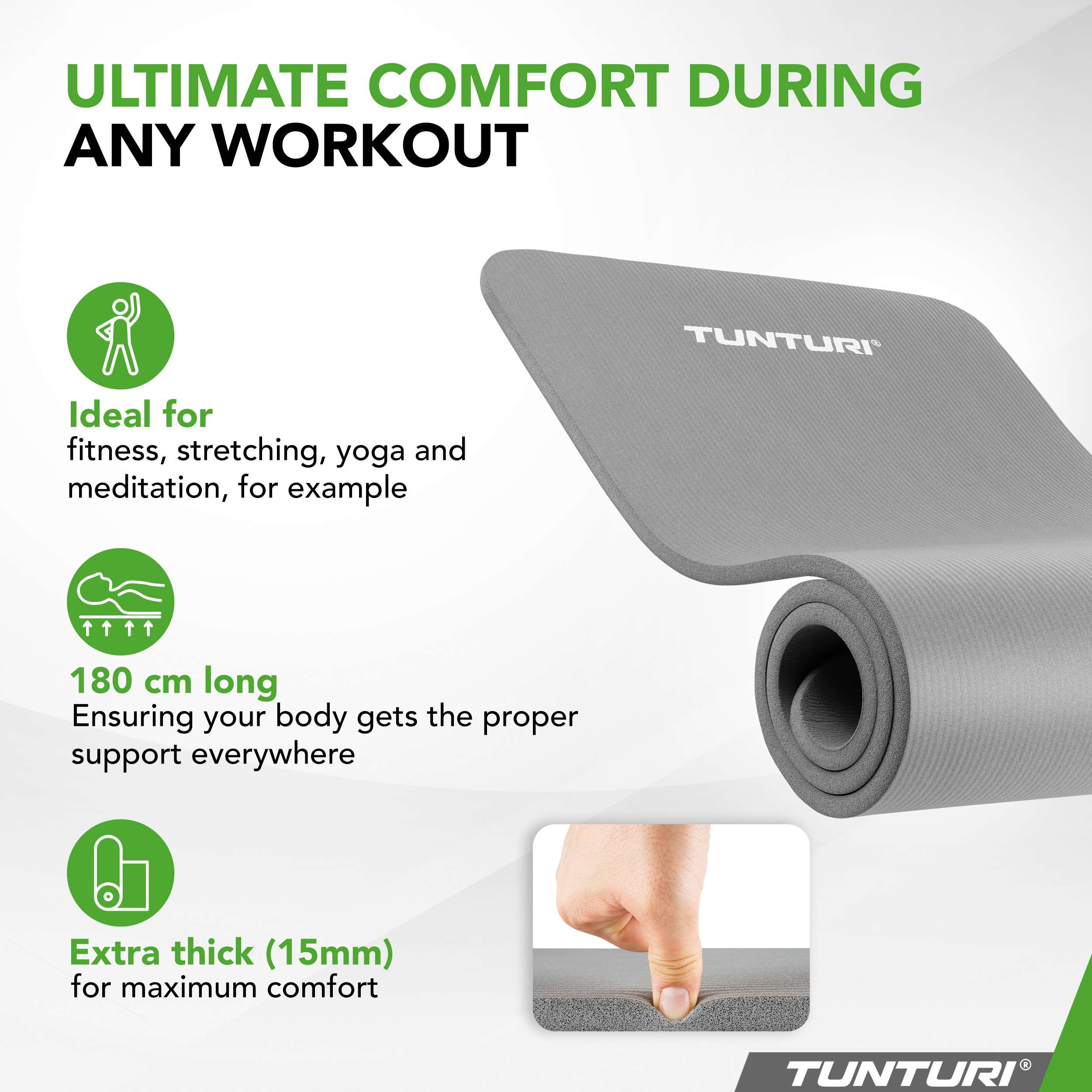 Een grijze Tunturi yogamat, 180 cm lang en 15 mm dik, wordt getoond.
