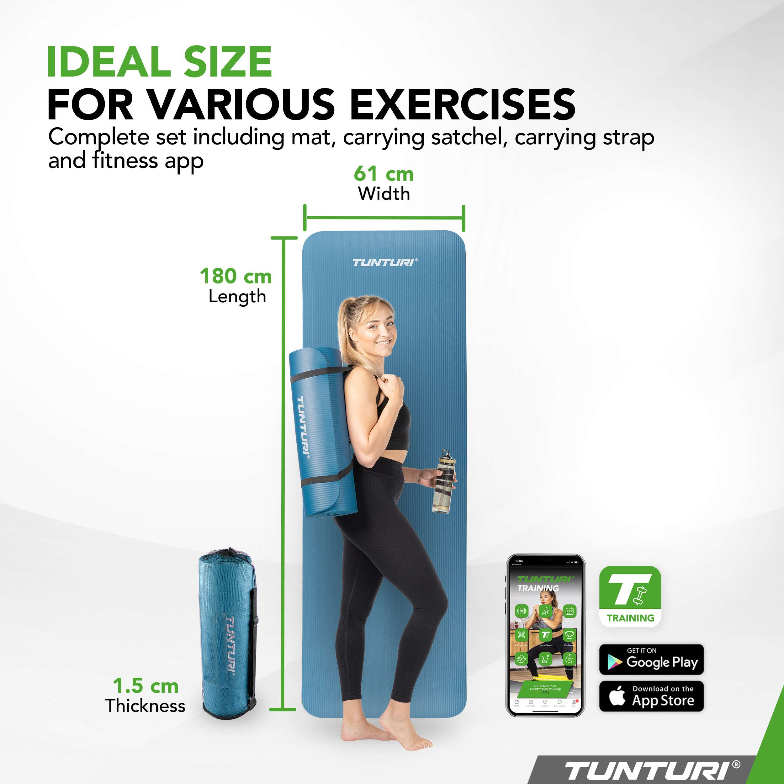 Woman with blue yoga mat and rolled mat. Includes app.