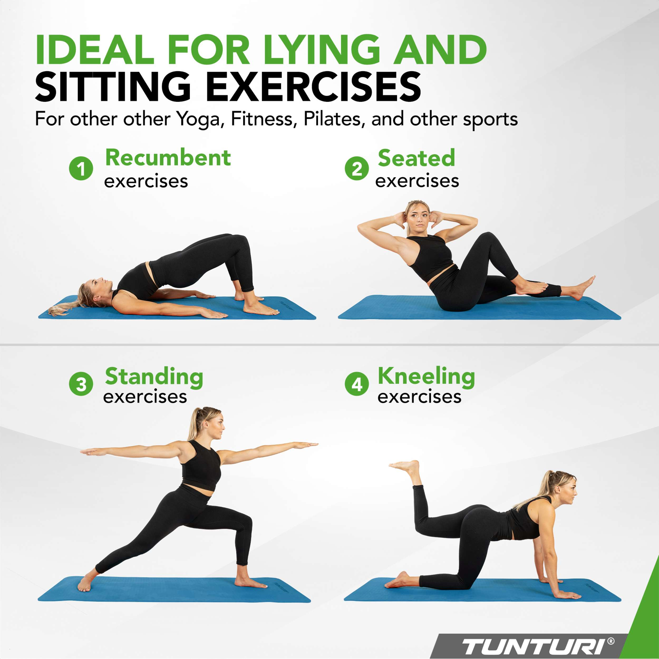Four exercises: recumbent bridge, seated crunch, standing warrior pose, and kneeling donkey kick.