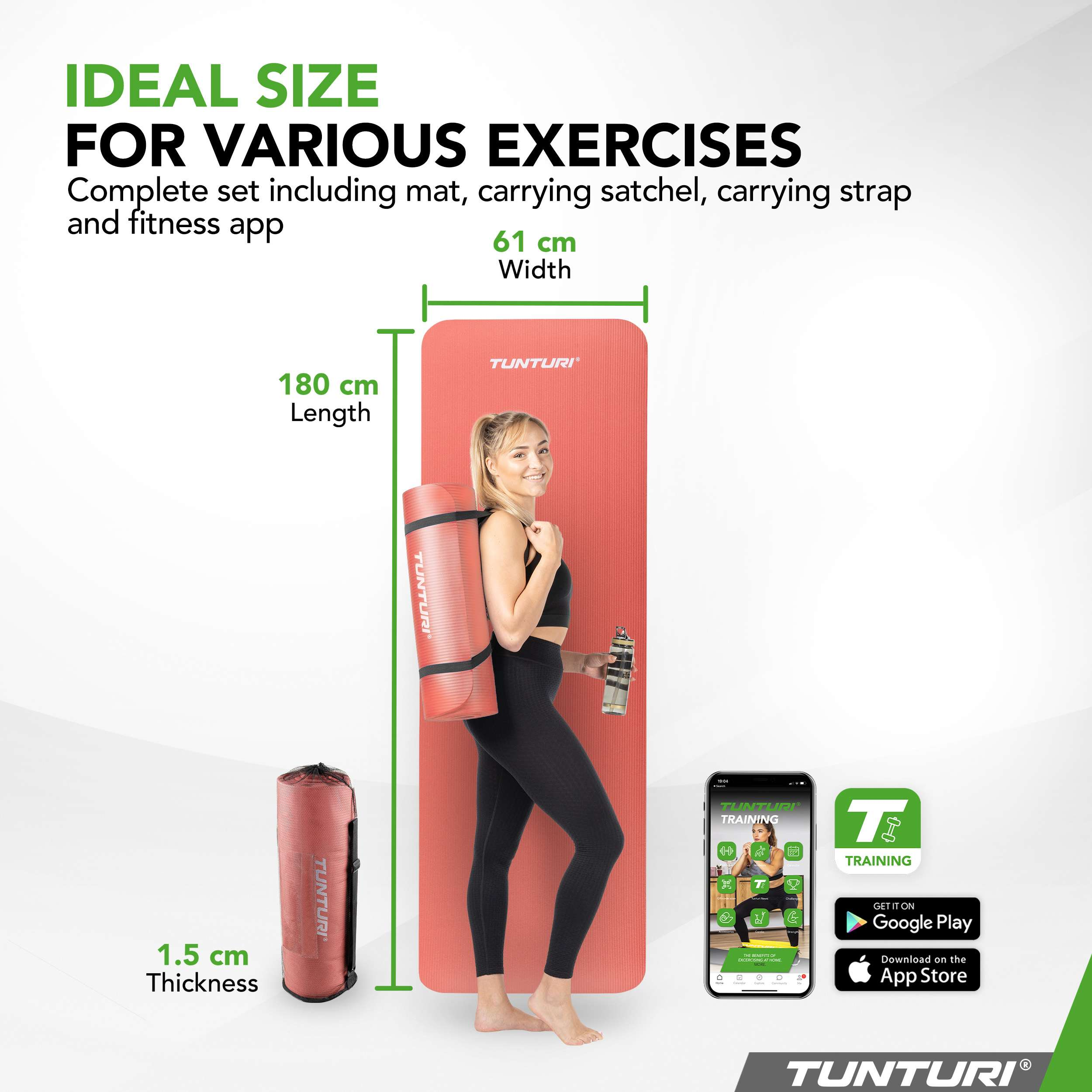Woman with red yoga mat, rolled mat, water bottle, and phone showing fitness app.