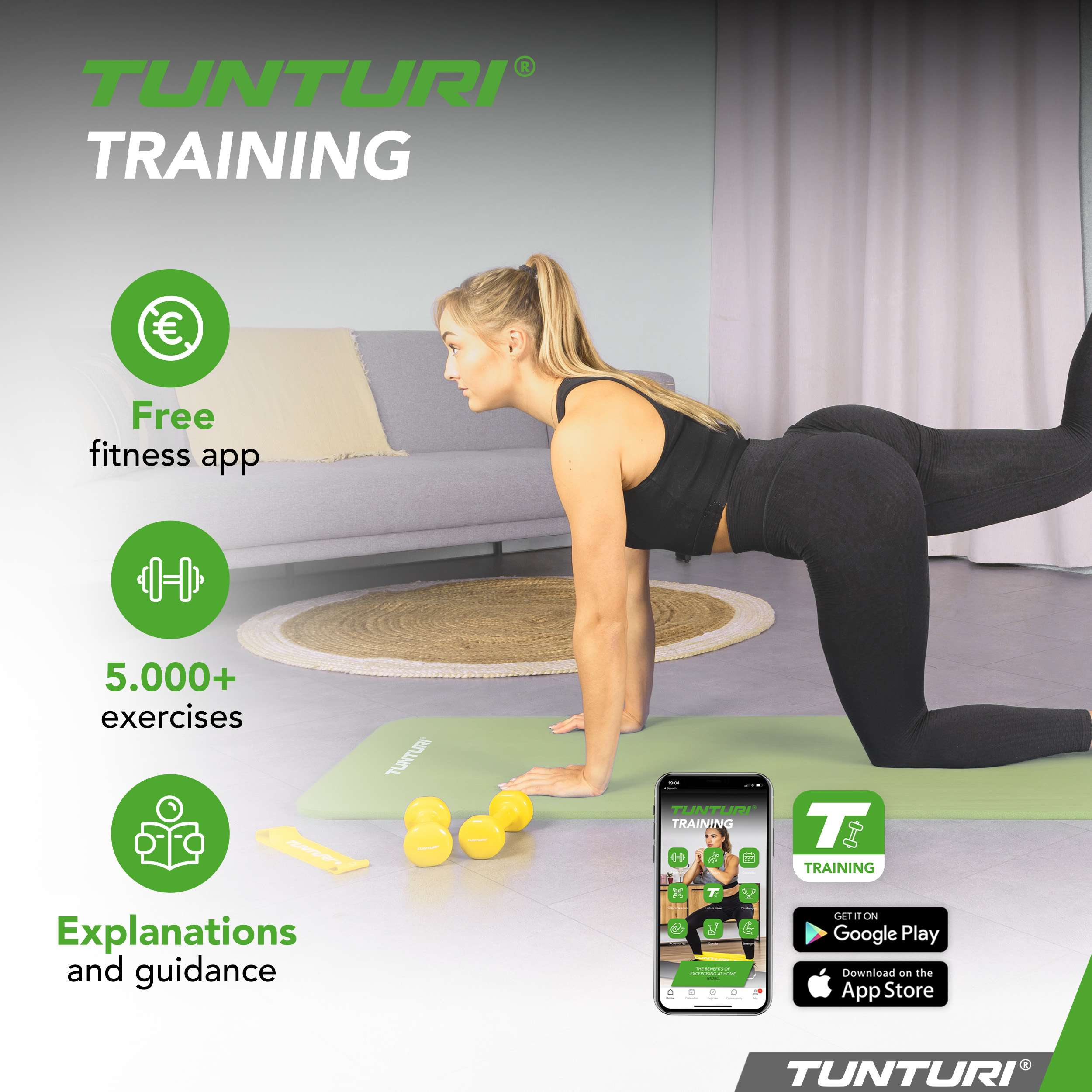 A woman does a fitness exercise on a mat, with dumbbells and app info nearby.