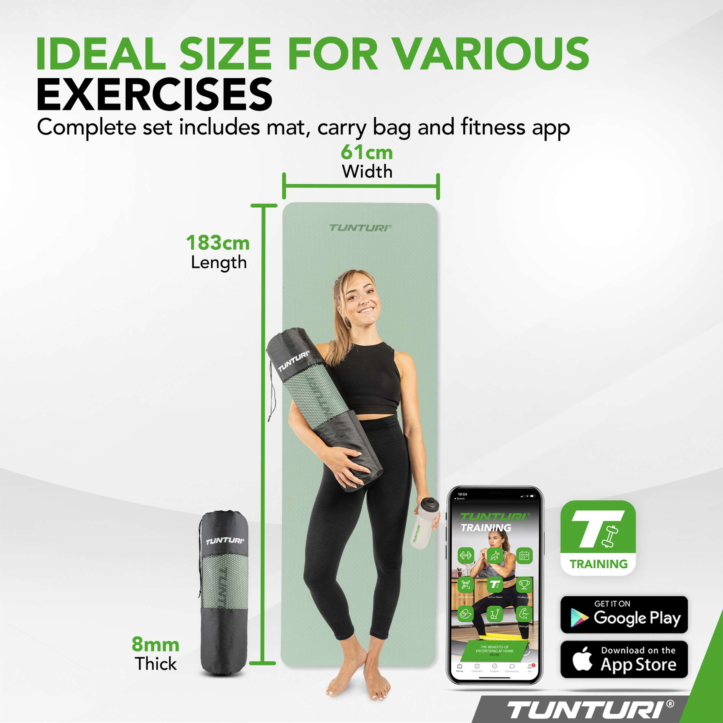 A woman holds a yoga mat and water bottle. Dimensions and app shown.