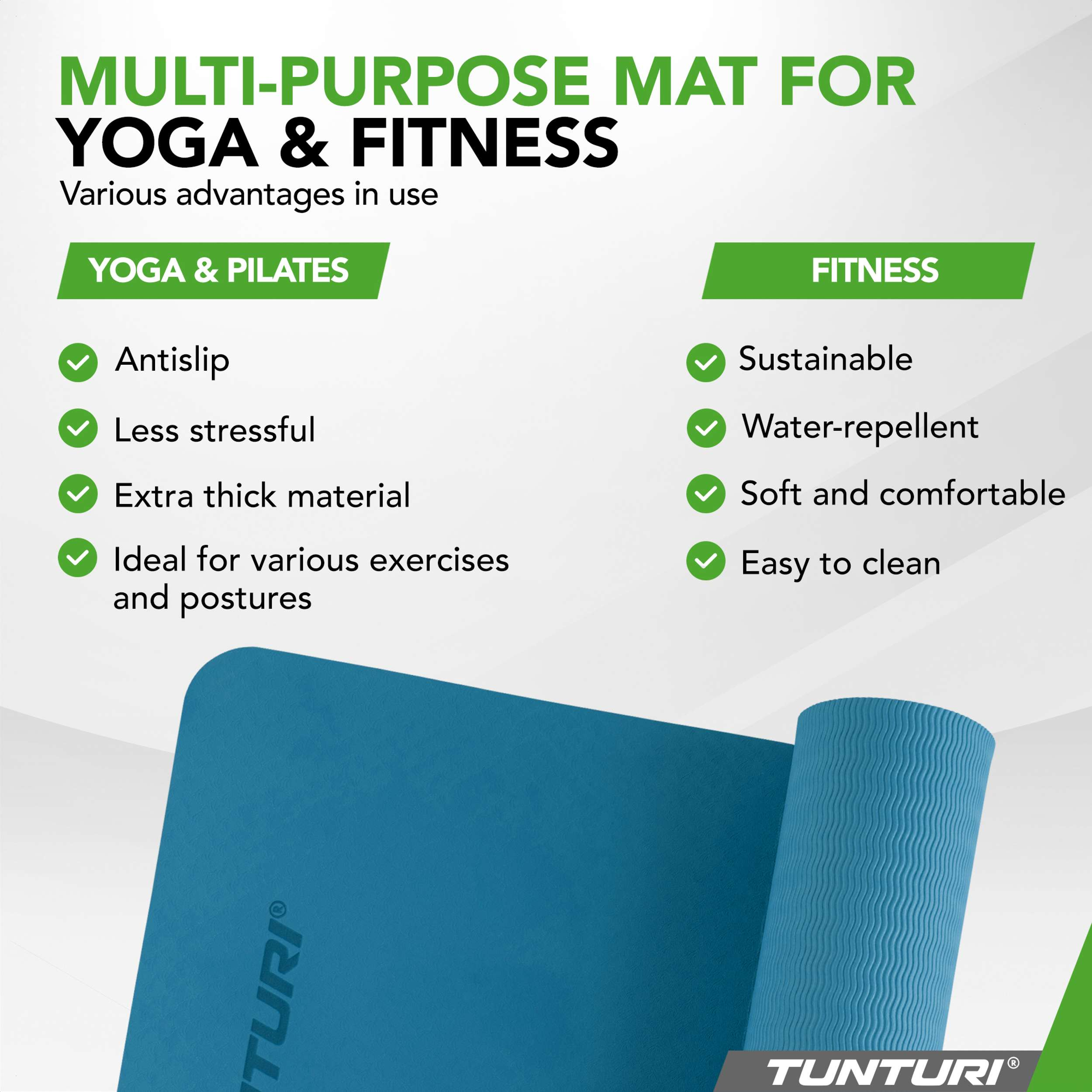 Blue Tunturi mat for yoga and fitness, showing benefits for both.