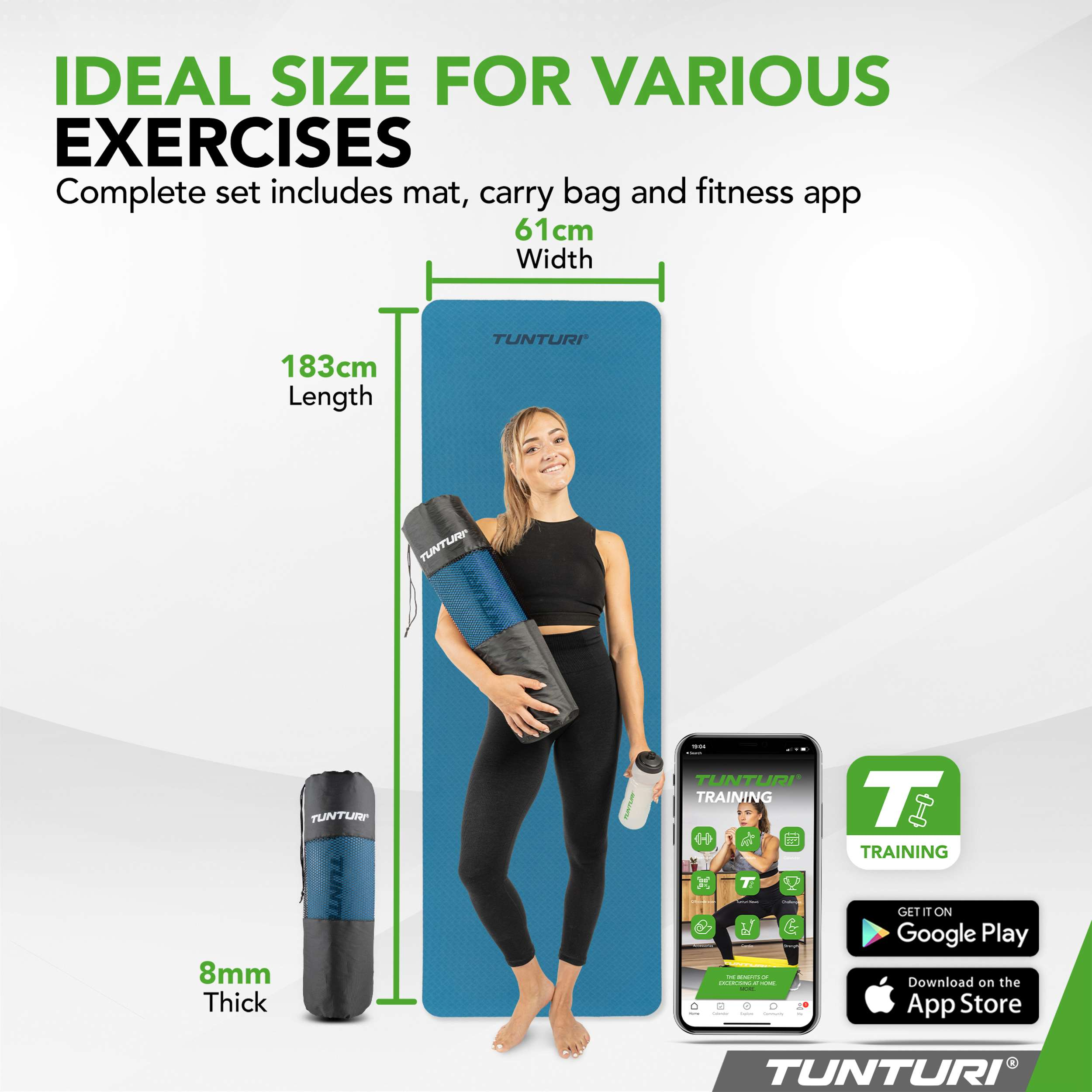 A woman with a yoga mat and water bottle, next to a smartphone with a fitness app.