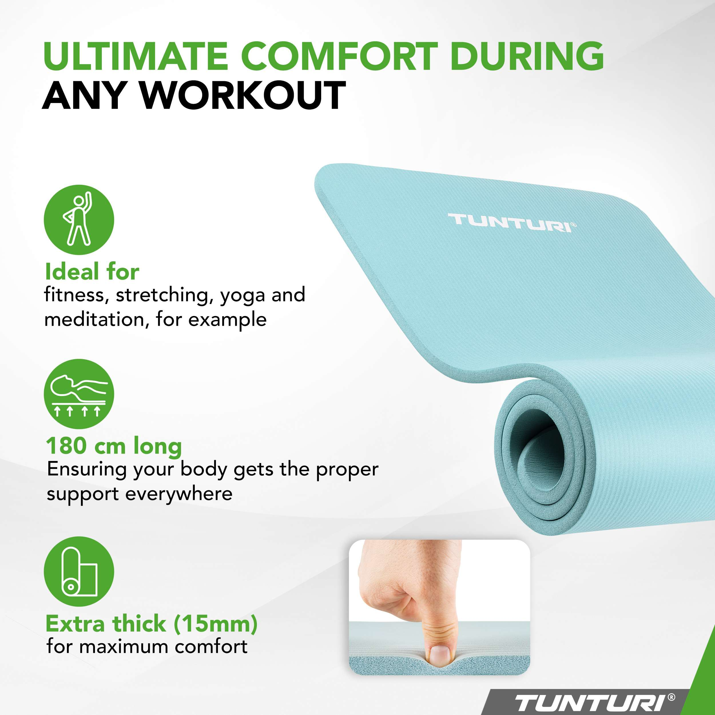 A light blue yoga mat with TUNTURI logo, 180cm long, extra thick.