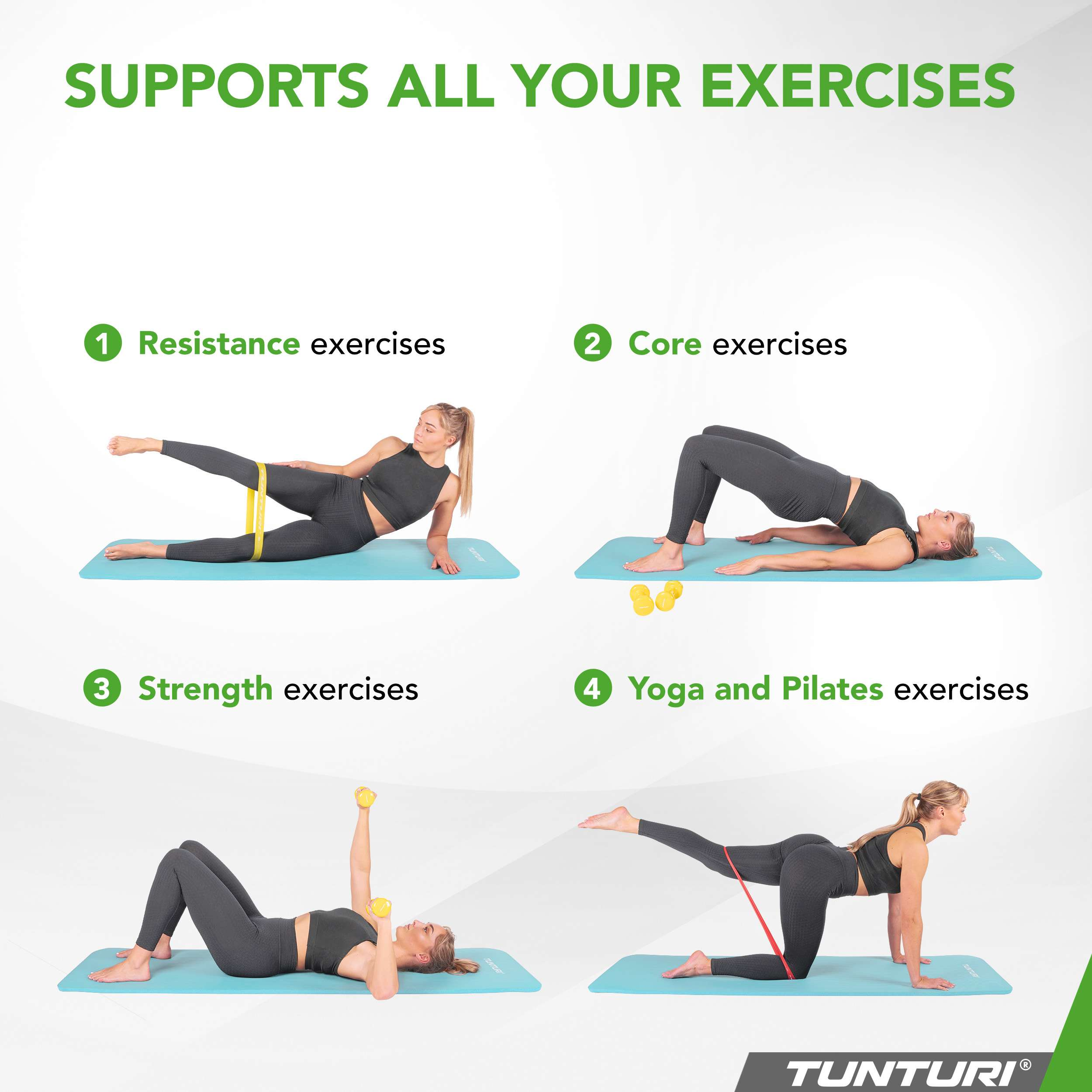 Four women exercise on mats: resistance, core, strength, yoga/Pilates.