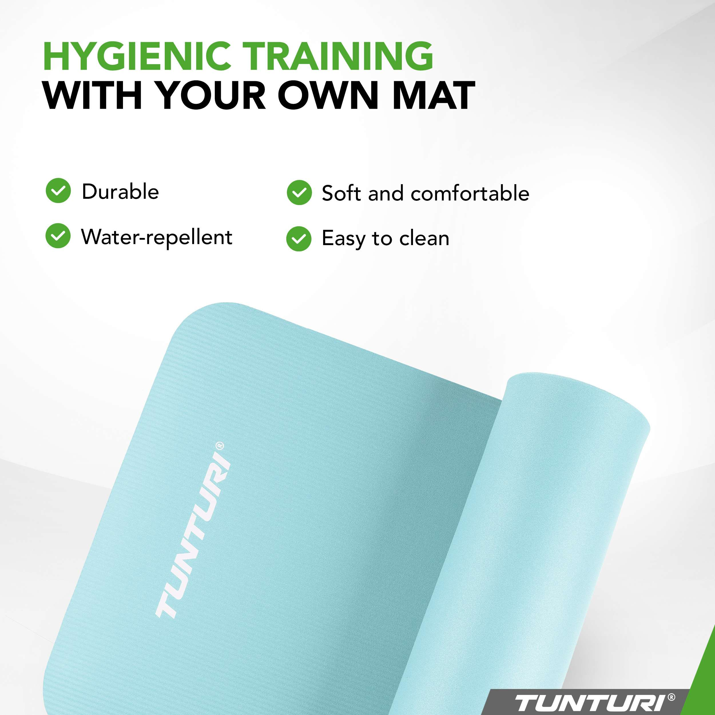 A light blue Tunturi yoga mat is shown, highlighting its features: durable, water-repellent, soft, and easy to clean.