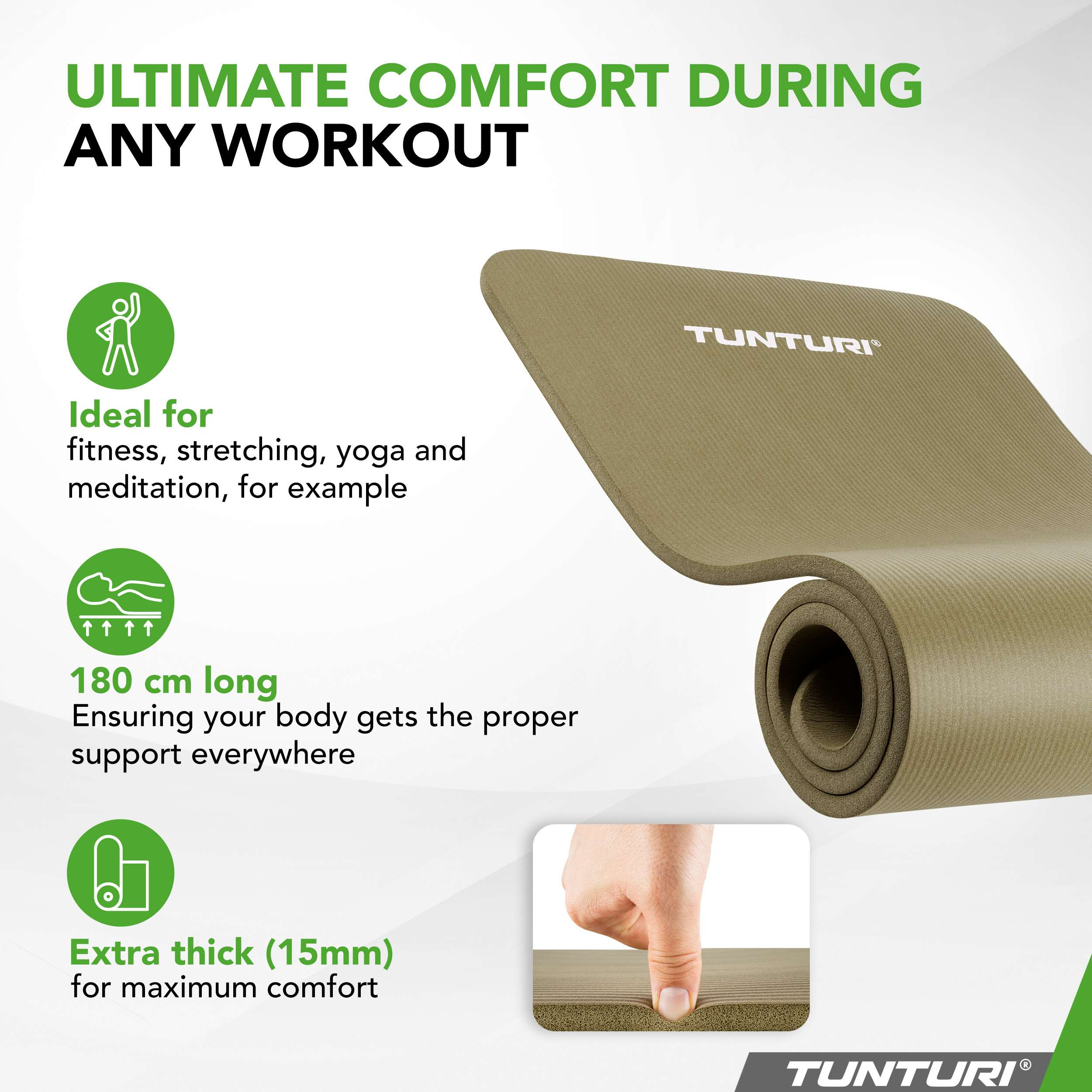 A beige yoga mat is rolled up. Text highlights comfort.