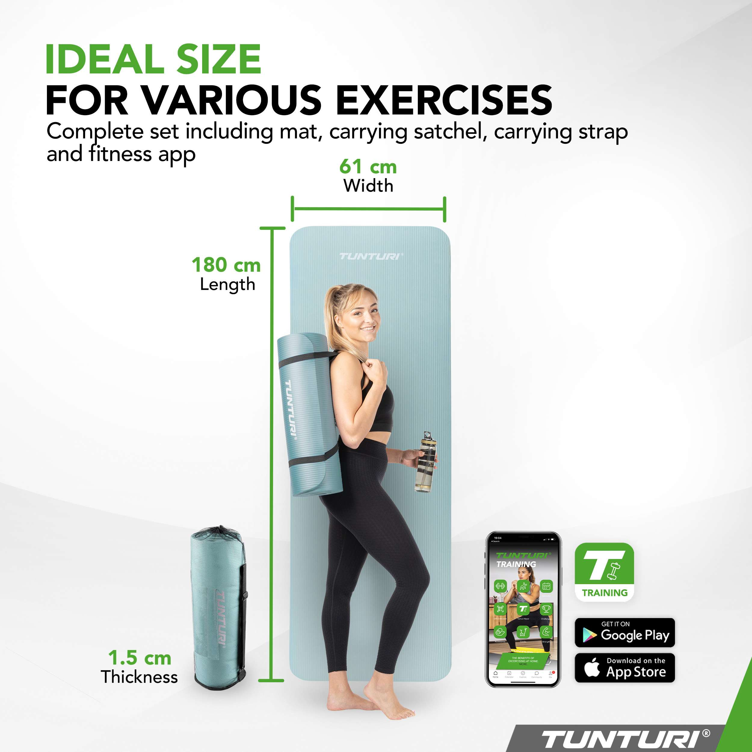 A woman with a yoga mat and water bottle next to a Tunturi training app screenshot.