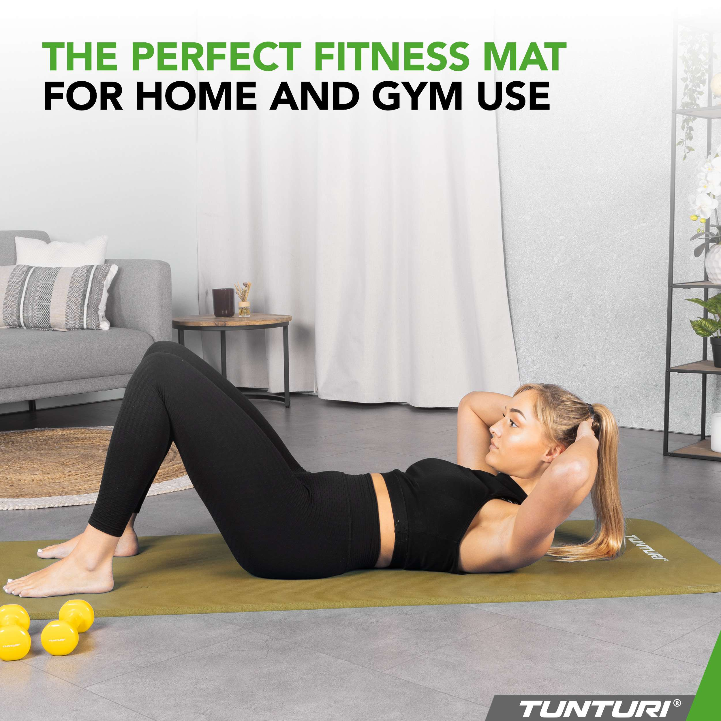 Woman doing crunches on a yellow mat. Yellow dumbbells are on the floor.