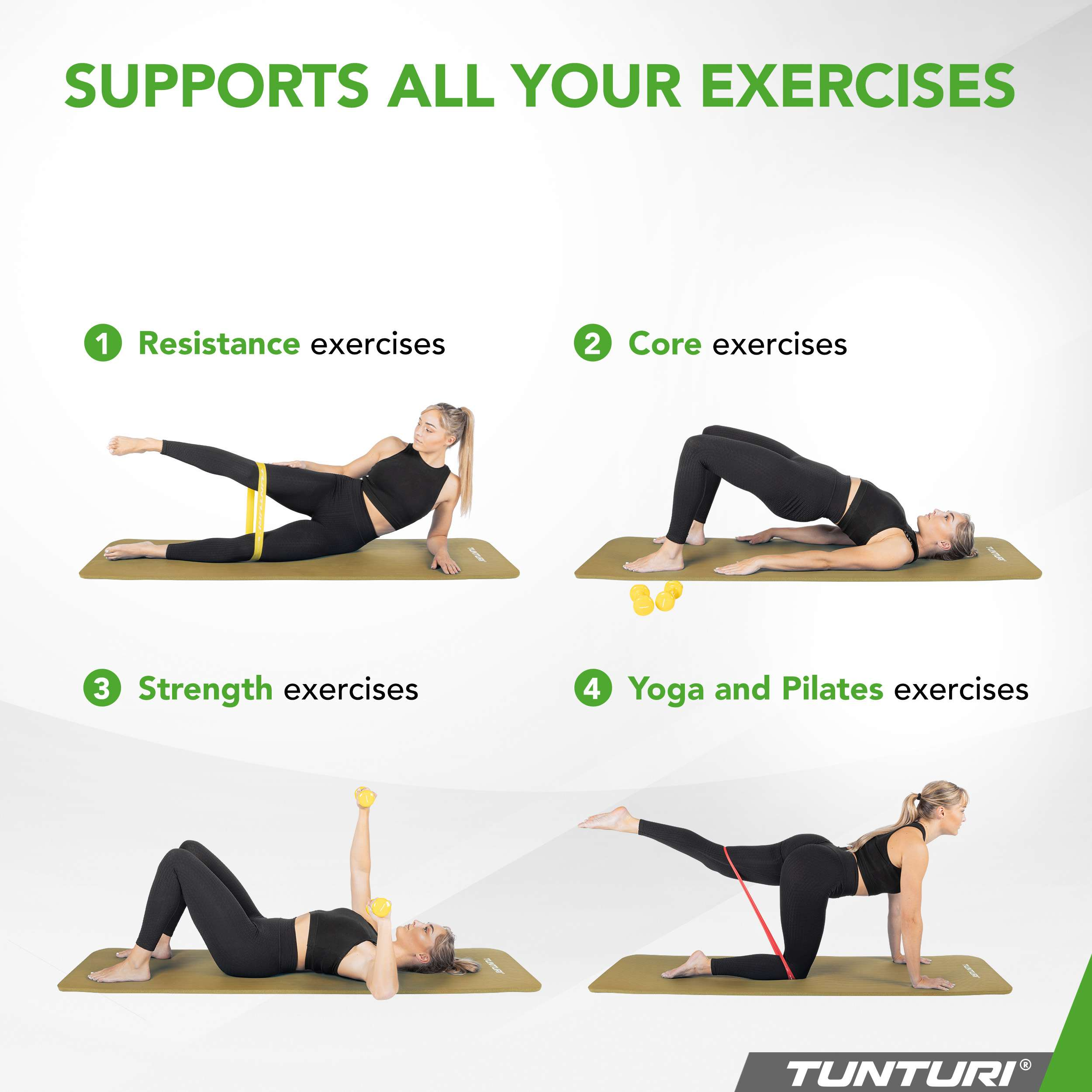 Four women doing exercises: resistance, core, strength, and yoga/pilates.