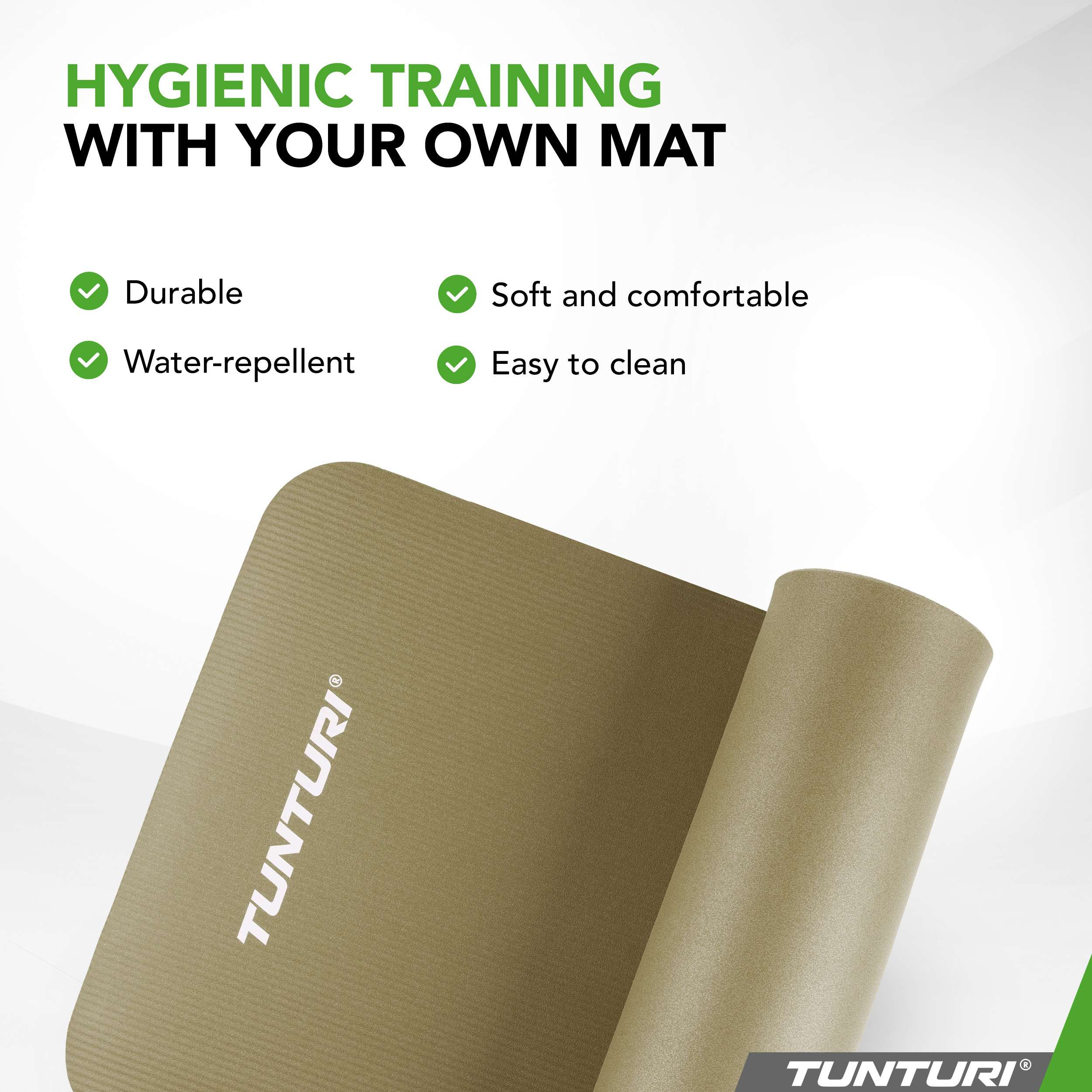 A tan Tunturi yoga mat is shown, with text highlighting its hygienic, durable, and comfortable features.