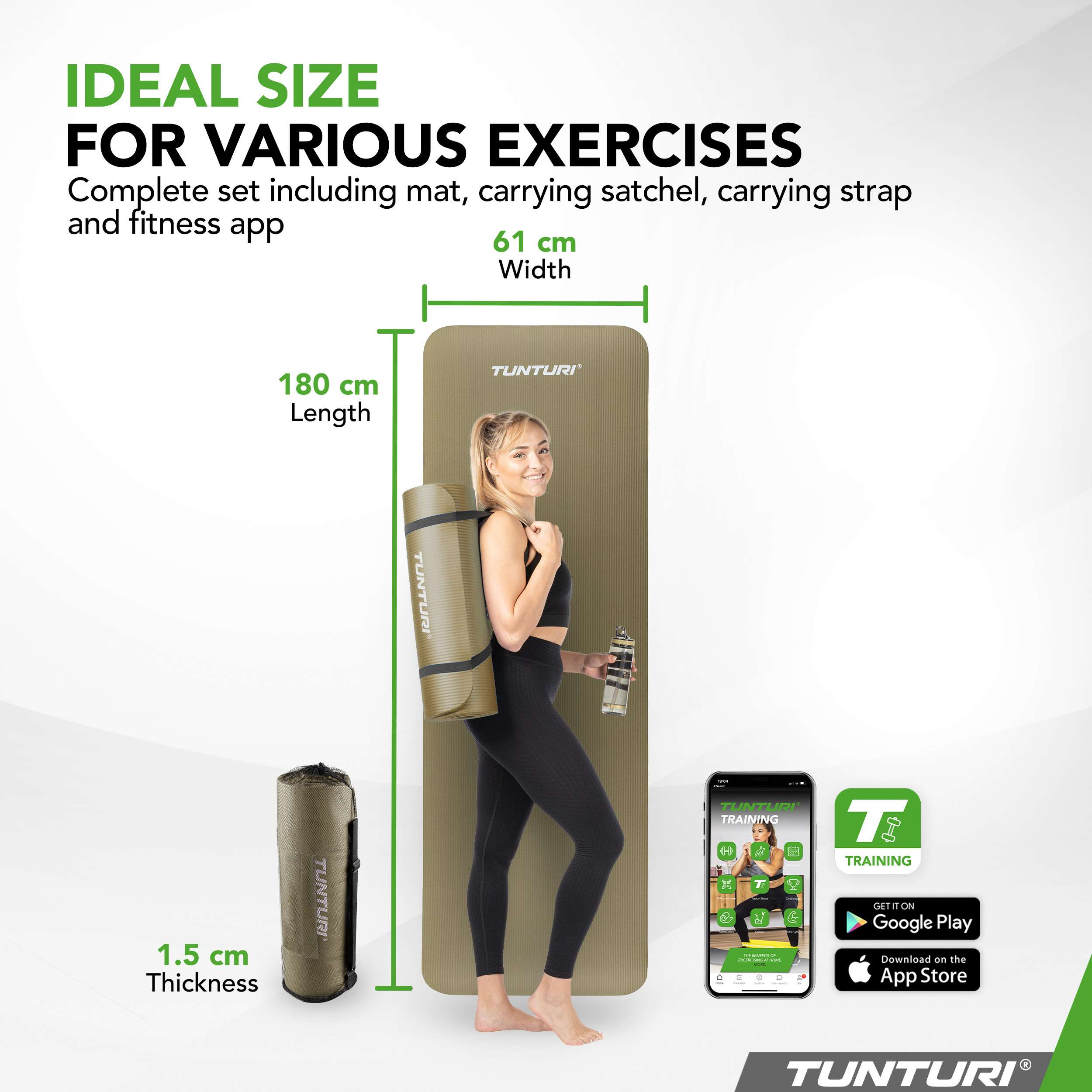 A woman with a yoga mat set, dimensions 180x61x1.5cm. Includes app.