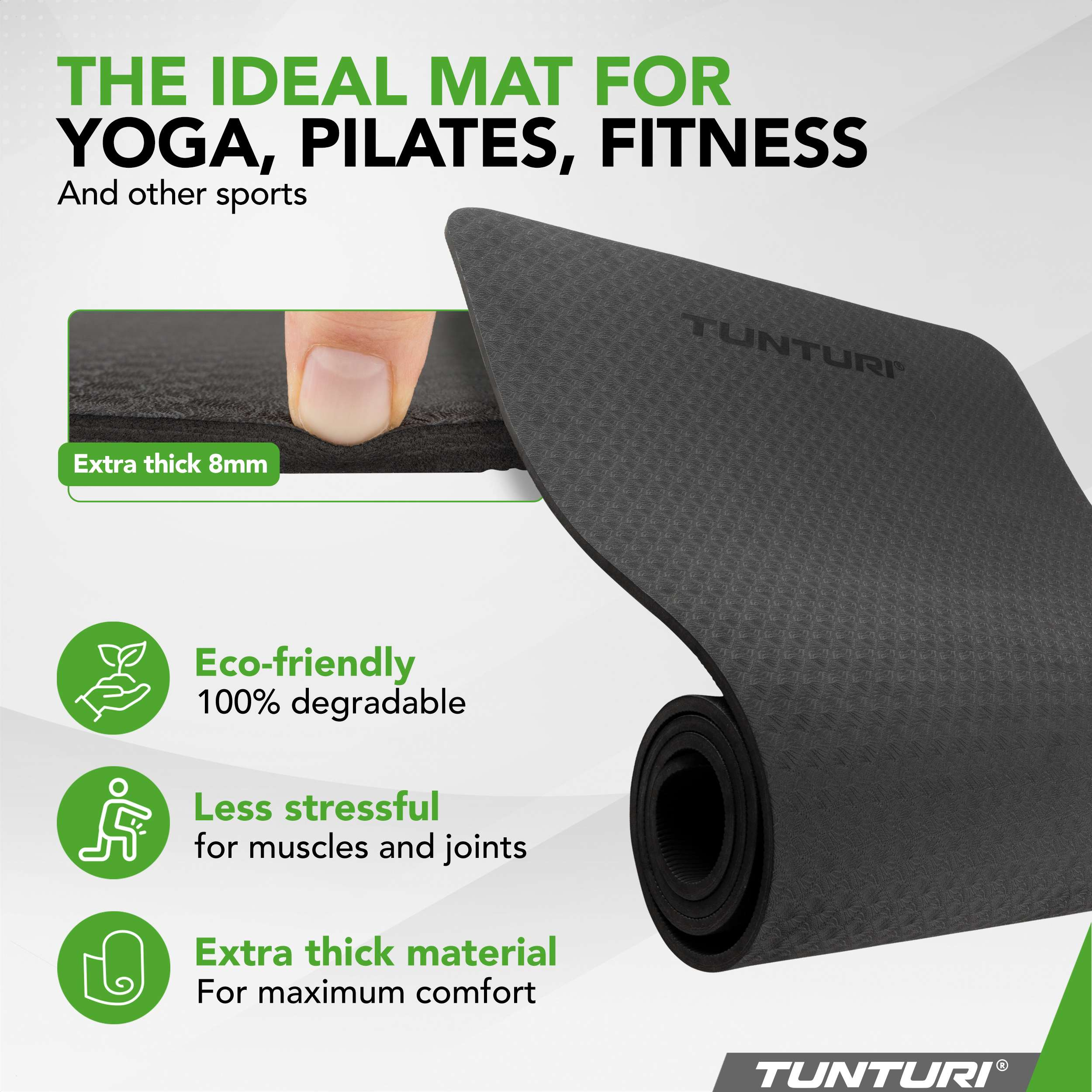 A black Tunturi yoga mat, 8mm thick, eco-friendly, for yoga, pilates, fitness.