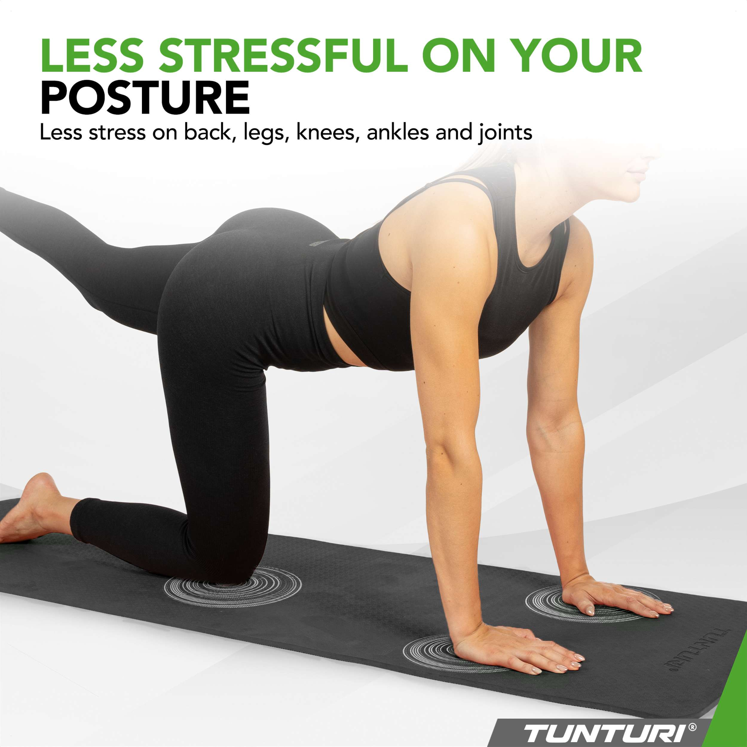 Woman in black activewear on hands and knees on a black yoga mat.