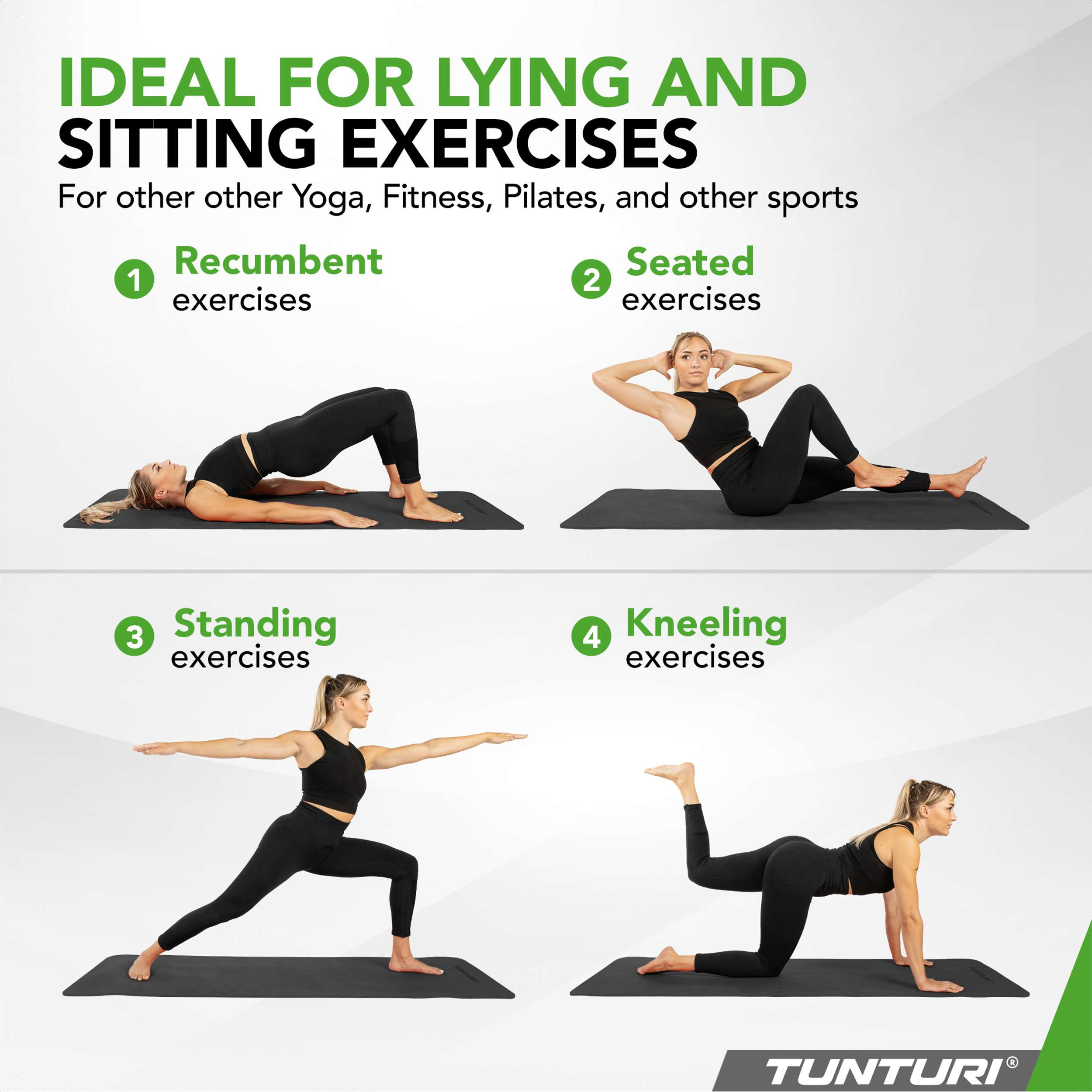 Four exercise poses: recumbent bridge, seated crunch, standing warrior, kneeling bird-dog.